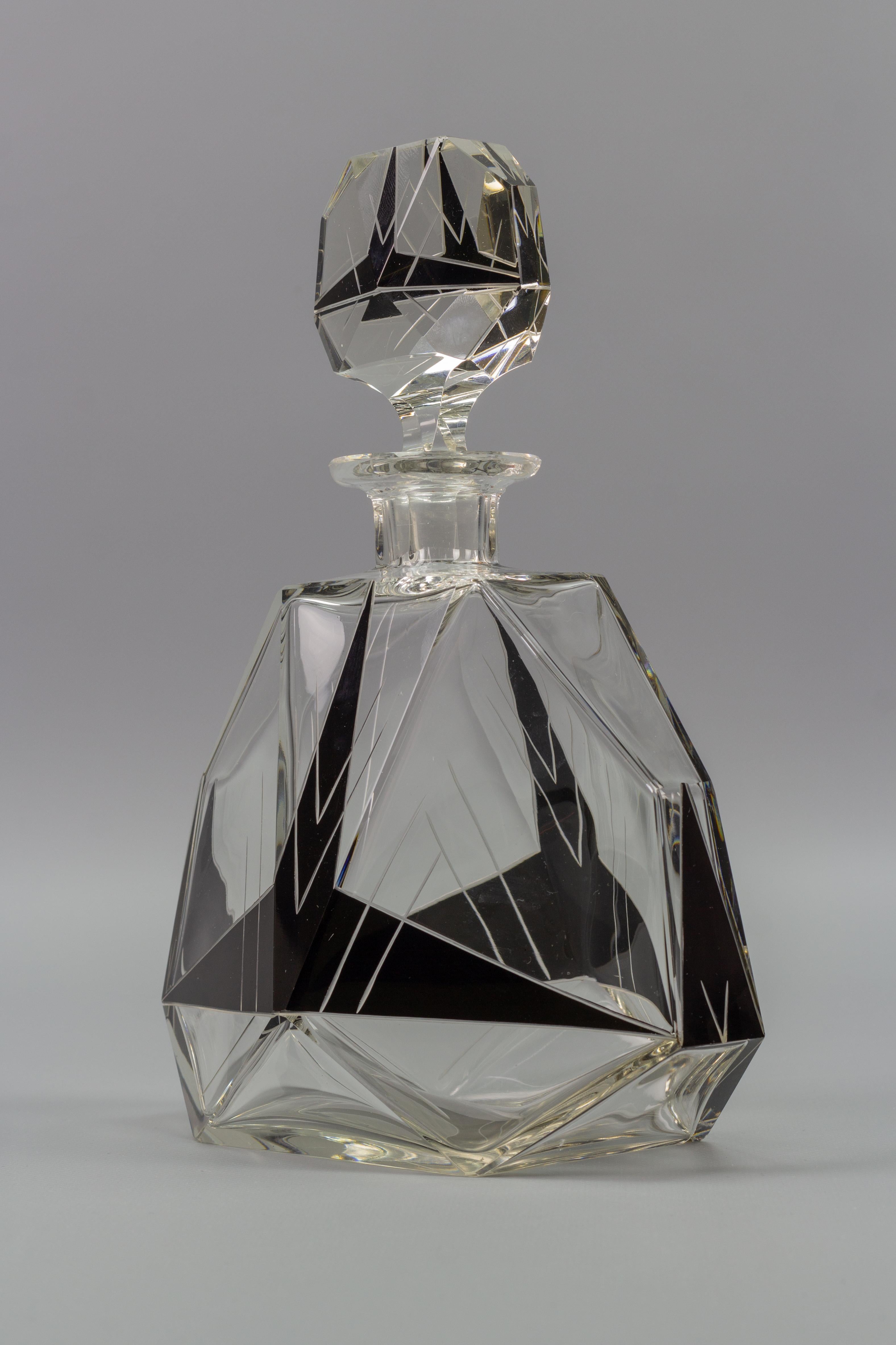 Art Deco Czech Bohemian Clear and Black Enamel Glass Decanter Set, 1930s 11