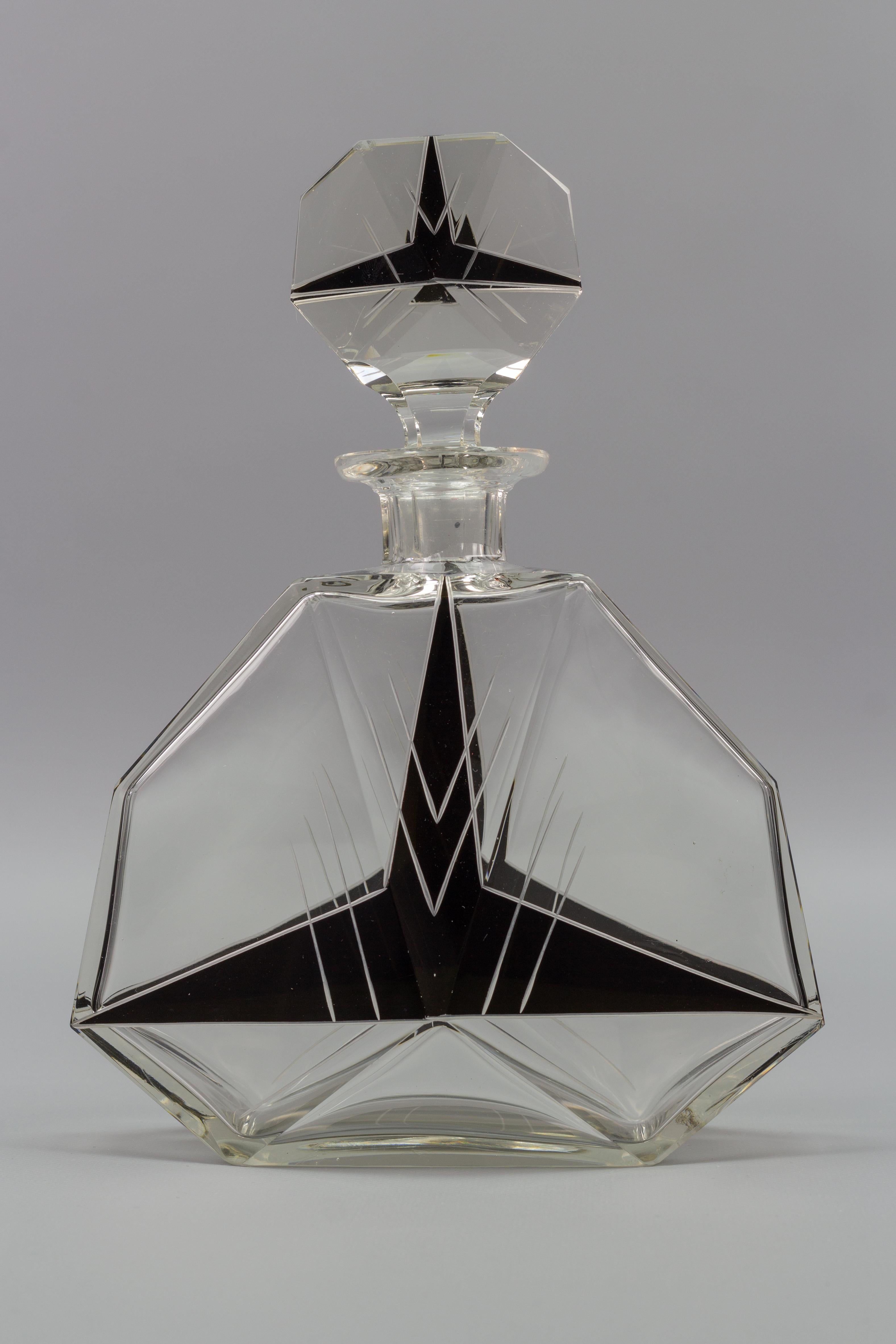 Art Deco Czech Bohemian Clear and Black Enamel Glass Decanter Set, 1930s 12