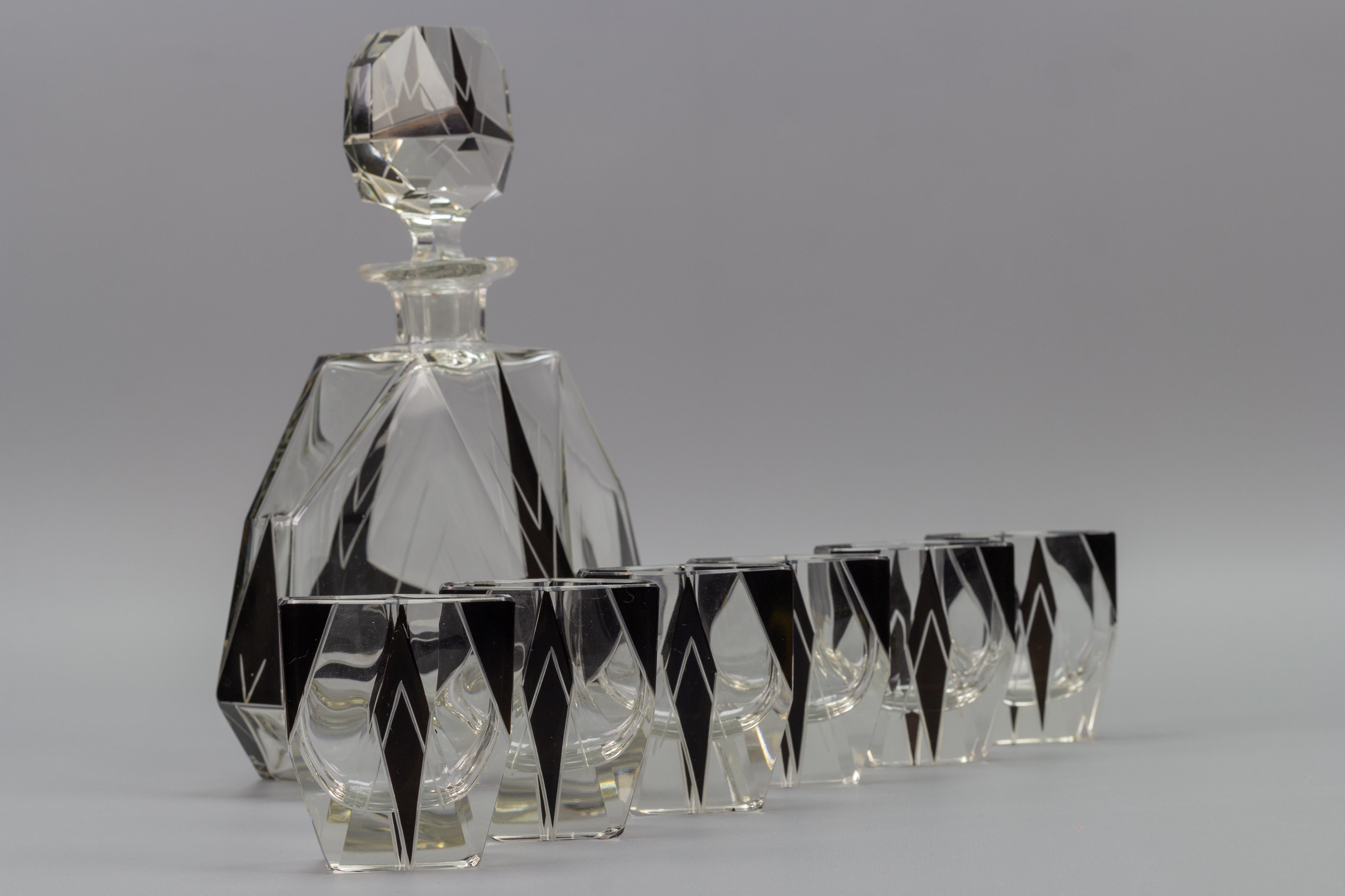 Art Deco Czech Bohemian Clear and Black Enamel Glass Decanter Set, 1930s 16