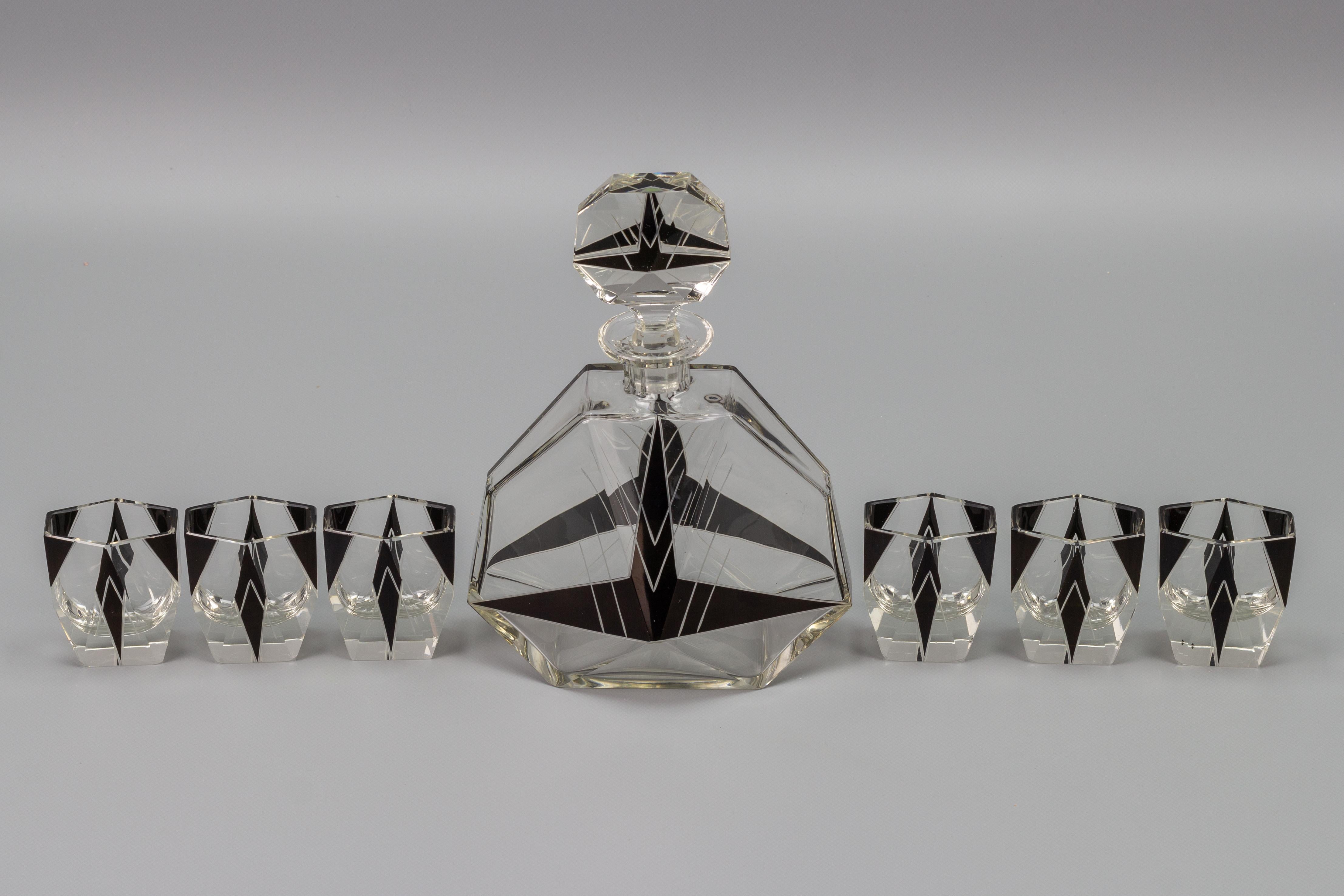 Art Deco Czech Bohemian Clear and Black Enamel Glass Decanter Set, 1930s In Good Condition In Barntrup, DE