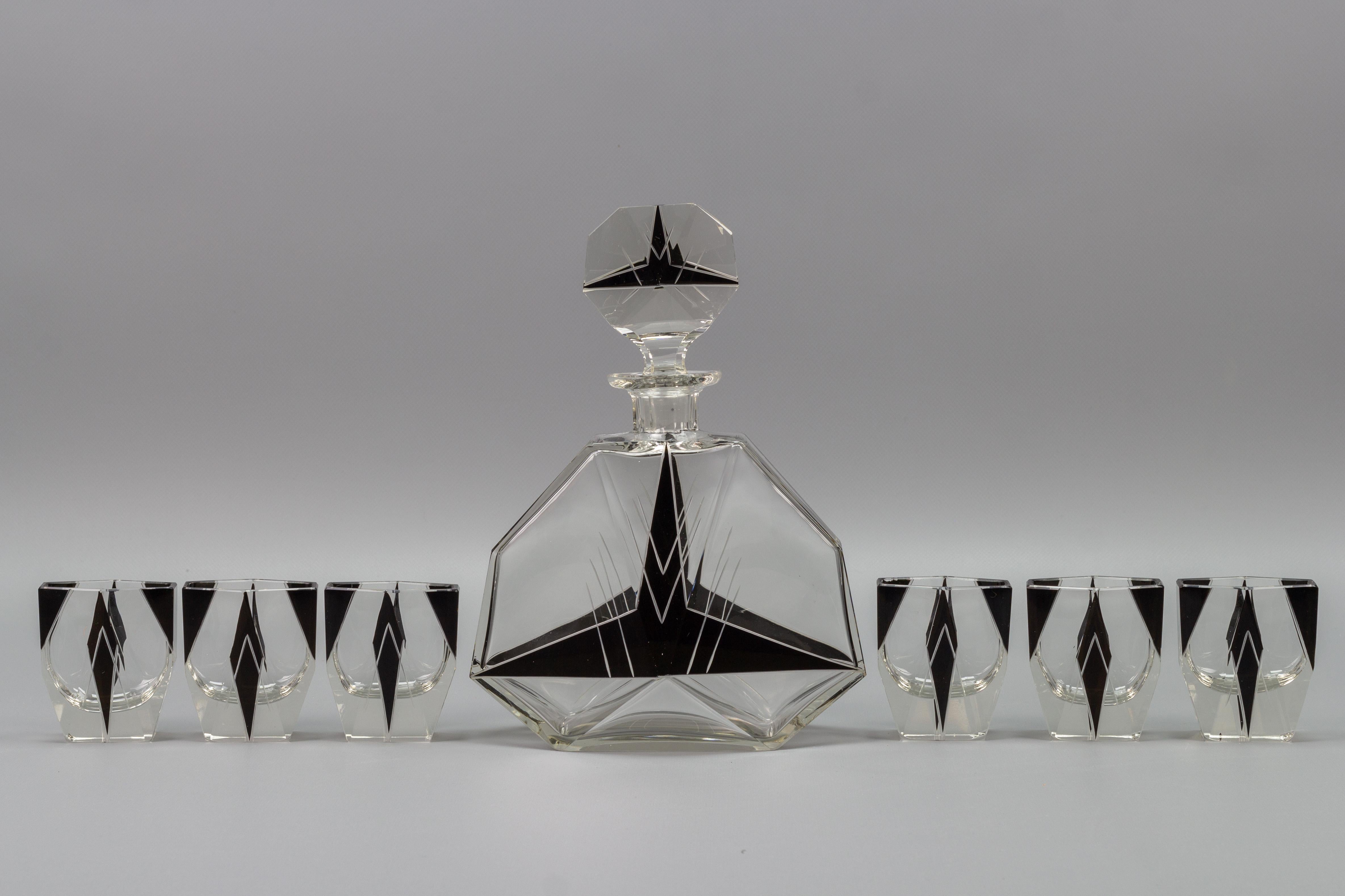Mid-20th Century Art Deco Czech Bohemian Clear and Black Enamel Glass Decanter Set, 1930s