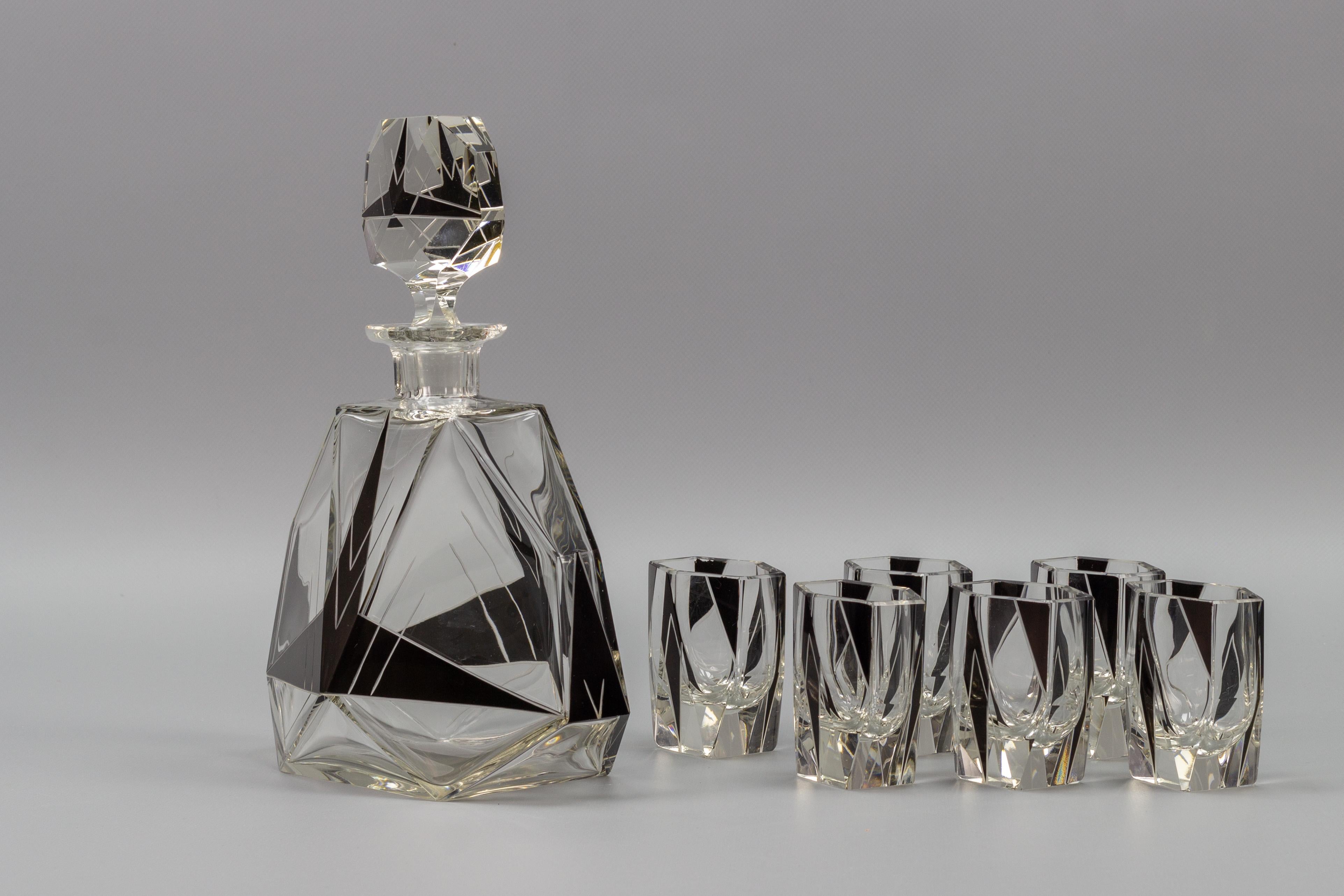 Art Deco Czech Bohemian Clear and Black Enamel Glass Decanter Set, 1930s 1