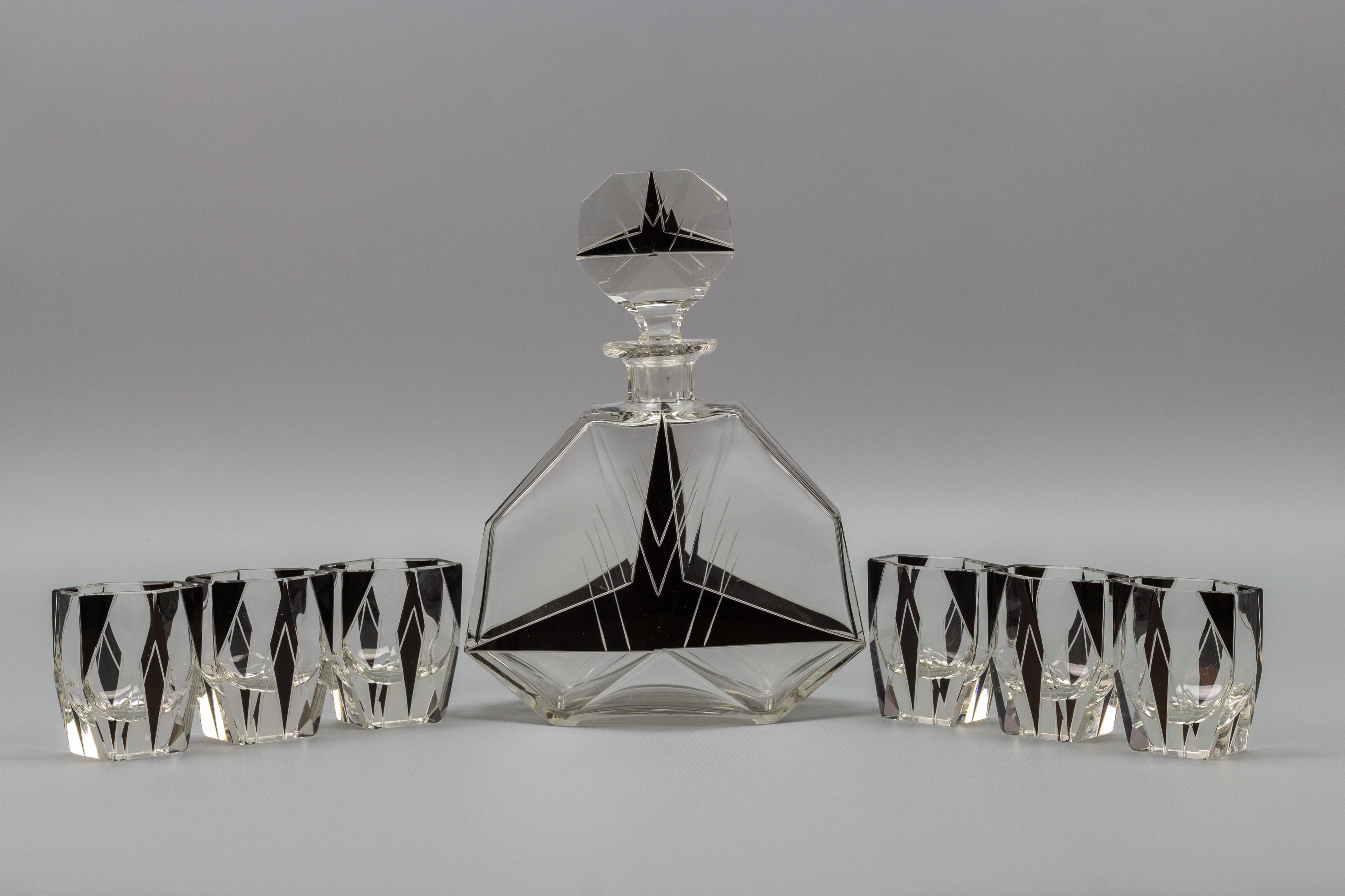 Art Deco Czech Bohemian Clear and Black Enamel Glass Decanter Set, 1930s 2