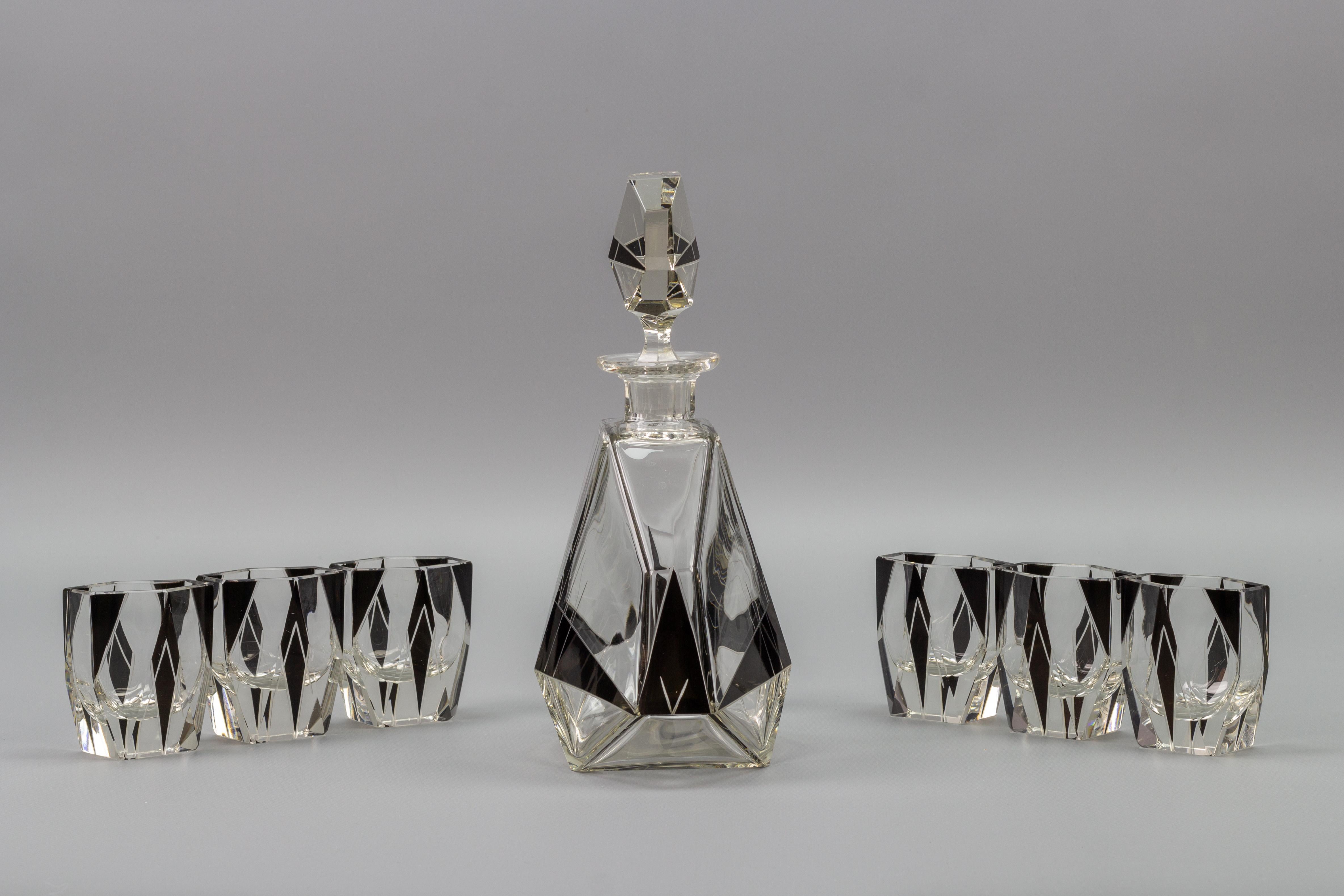 Art Deco Czech Bohemian Clear and Black Enamel Glass Decanter Set, 1930s 3