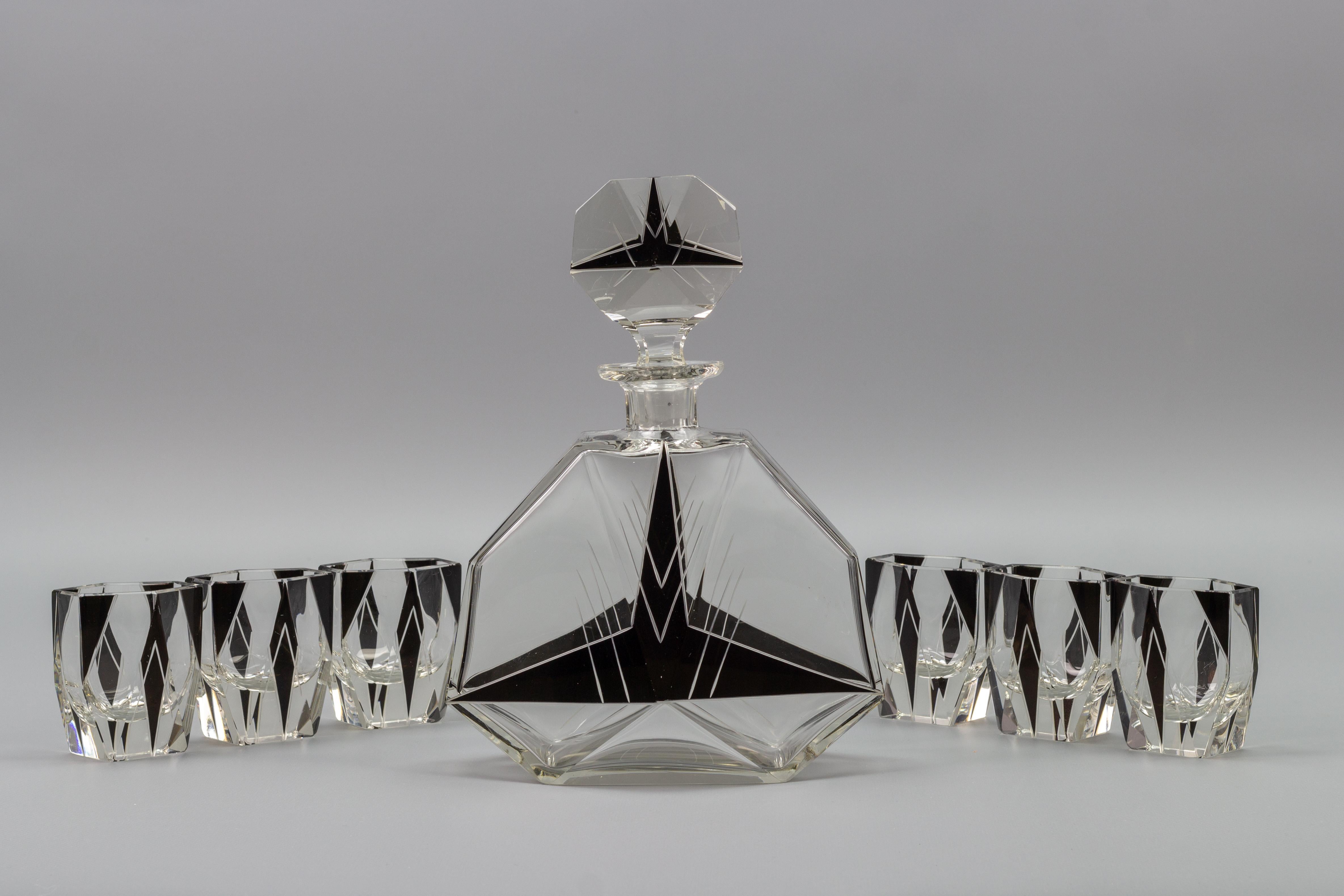 Art Deco Czech Bohemian Clear and Black Enamel Glass Decanter Set, 1930s 4