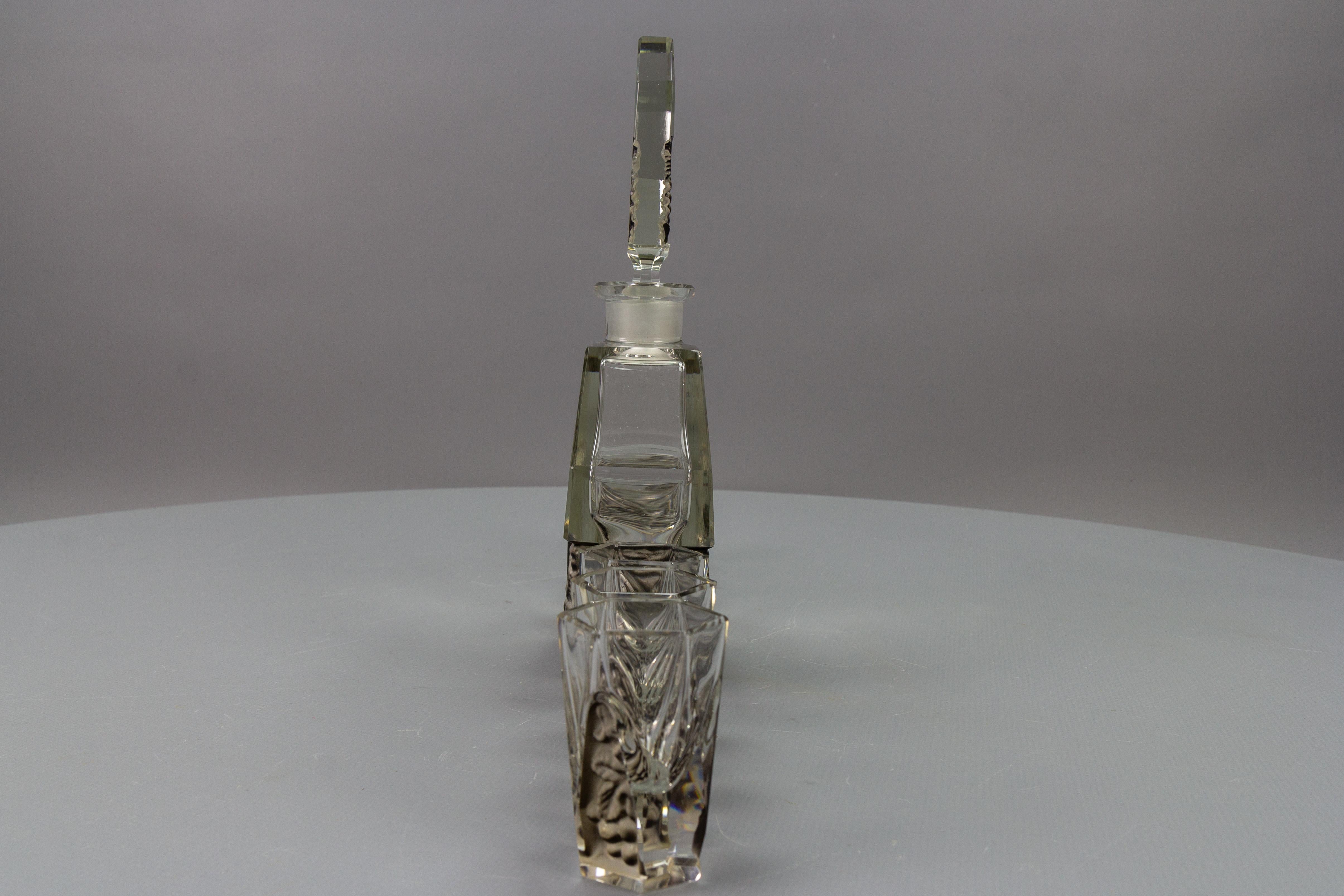 Mid-20th Century Art Deco Czech Bohemian Clear and Grey Glass Decanter Set by Schlevogt & Hoffman For Sale