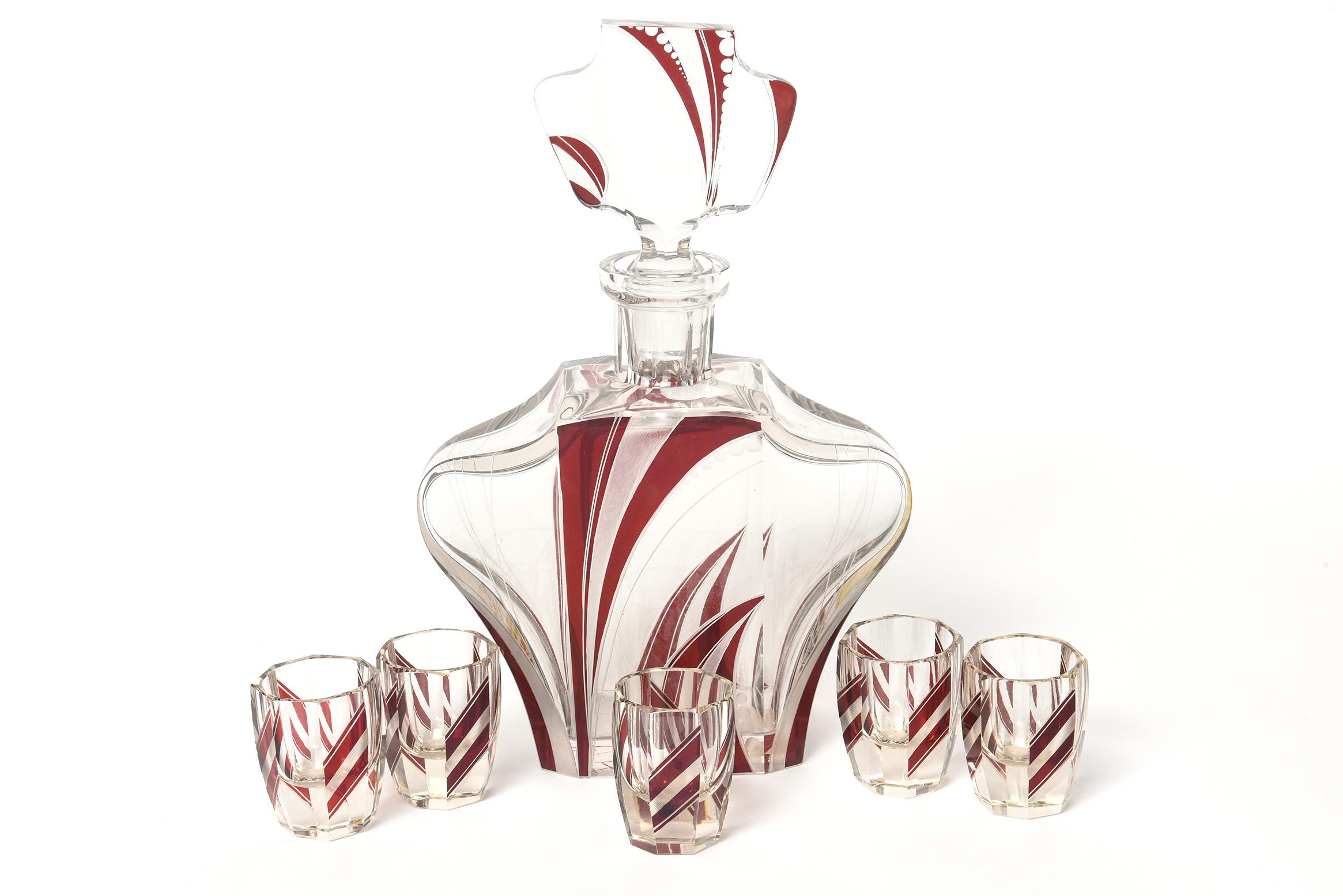 Art Deco Czech Bohemian Crystal Decanter Set with Red Geometric Pattern 2