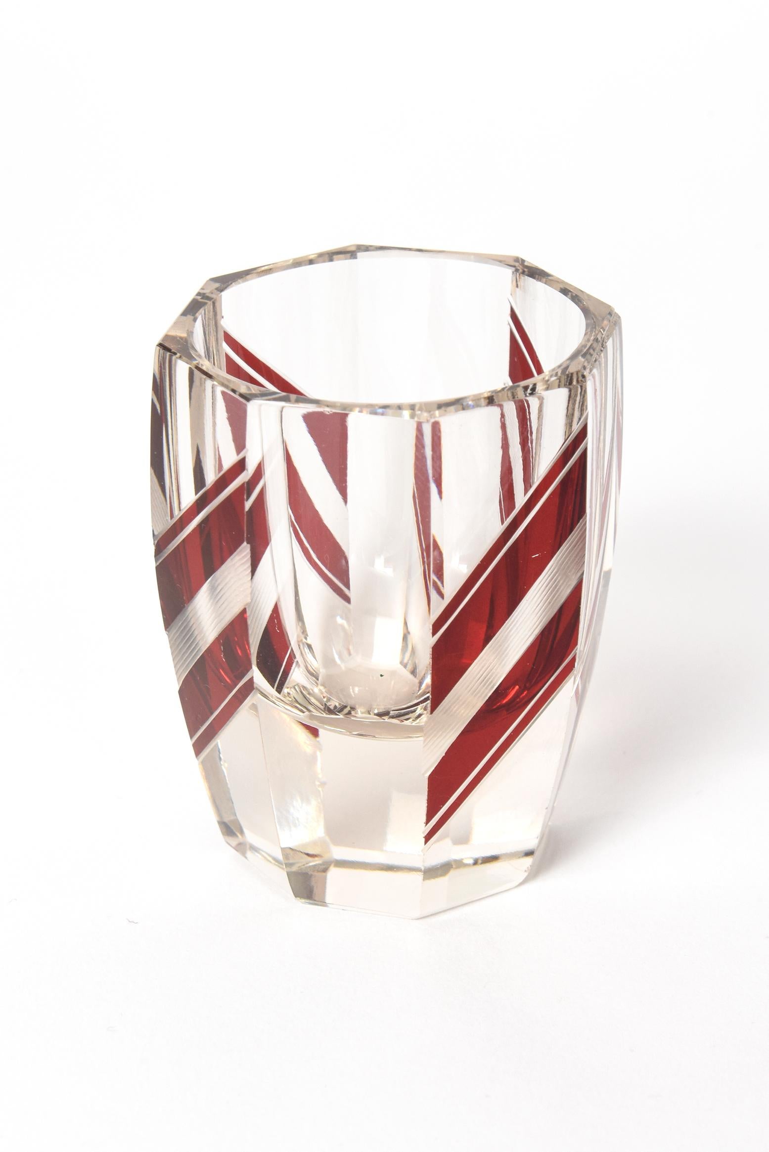 Mid-20th Century Art Deco Czech Bohemian Crystal Decanter Set with Red Geometric Pattern