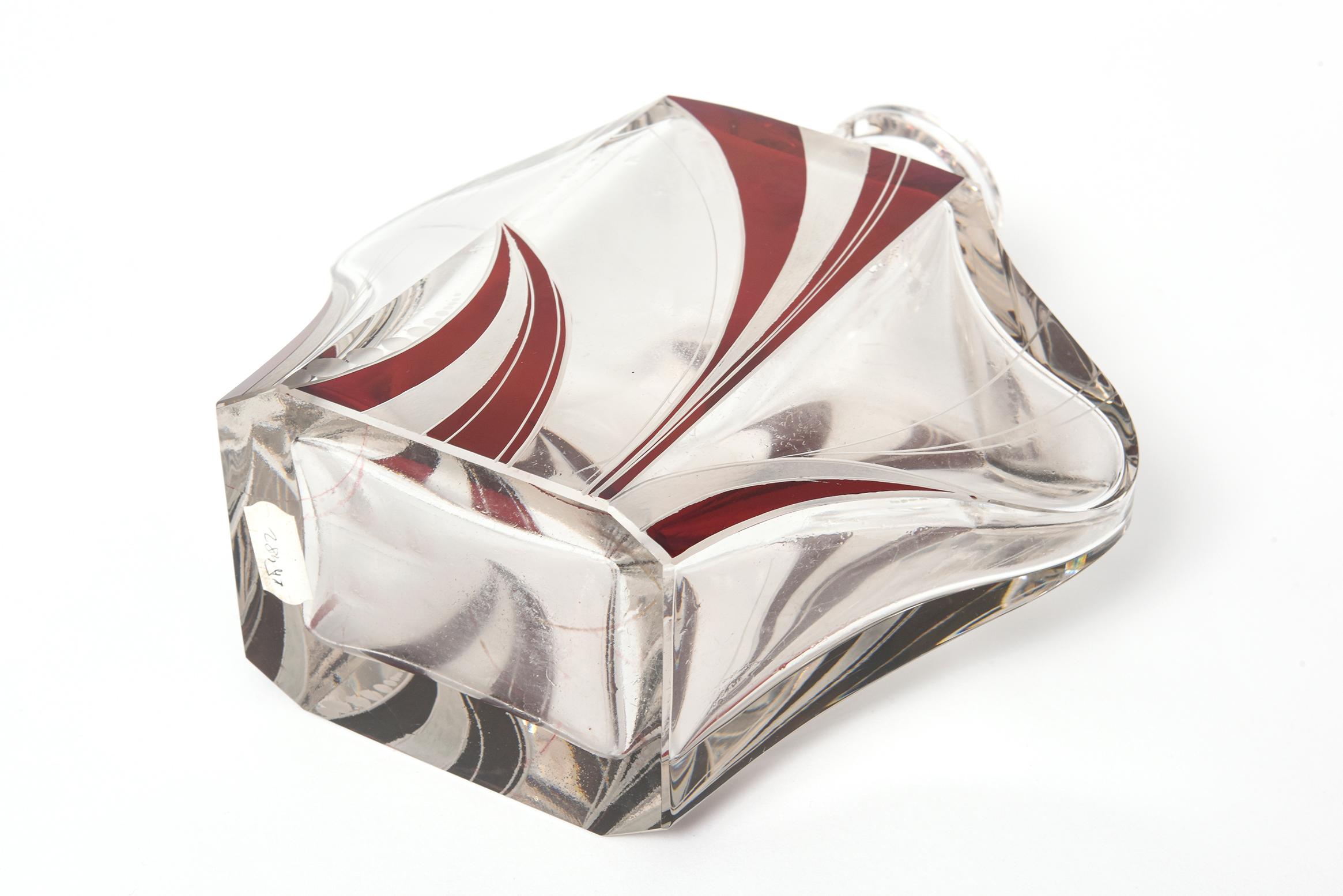 Enamel Art Deco Czech Bohemian Crystal Decanter Set with Red Geometric Pattern