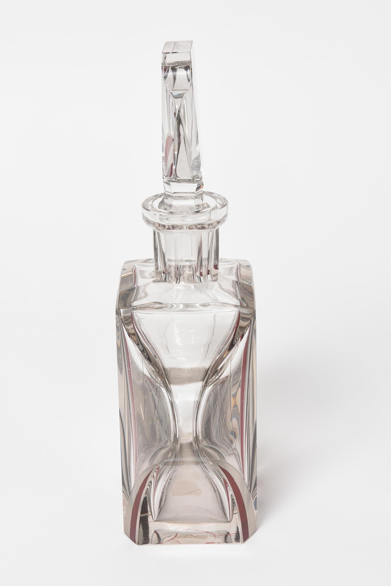 Art Deco Czech Bohemian Crystal Decanter Set with Red Geometric Pattern 1