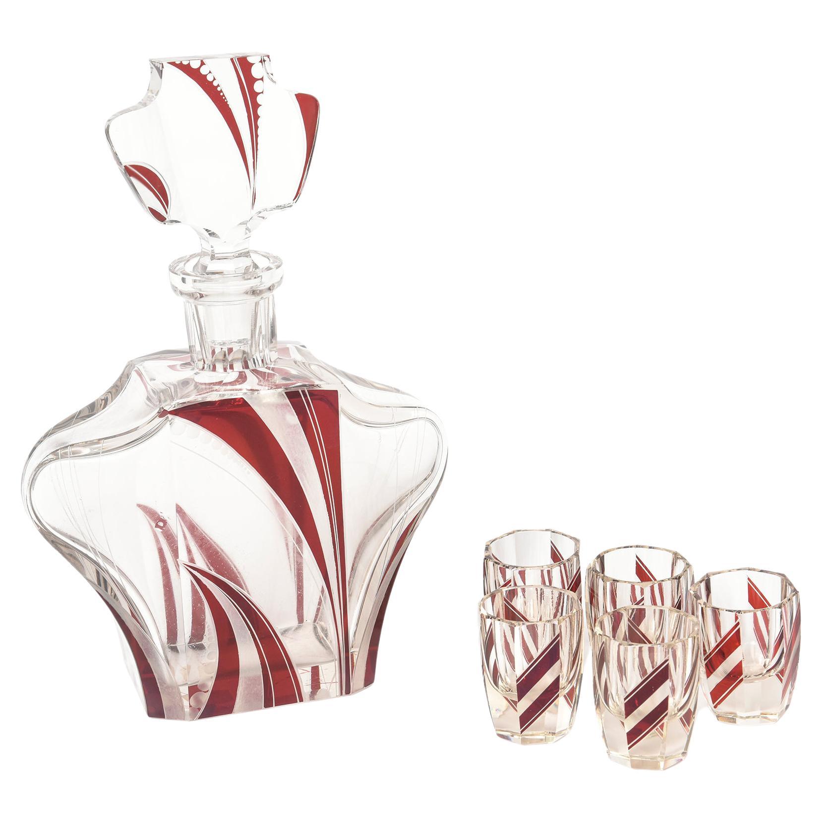 Art Deco Czech Bohemian Crystal Decanter Set with Red Geometric Pattern