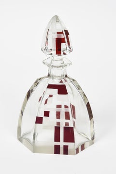 Art Deco Czech Bohemian Red and Clear Geometric Decanter Set with Six Glasses