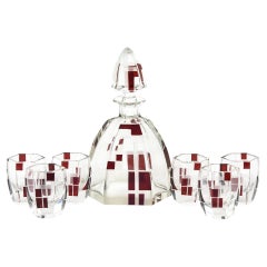 Antique Art Deco Czech Bohemian Red and Clear Geometric Decanter Set with Six Glasses