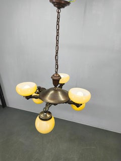 Art Deco Czech Brass Chandelier with Cream Glass, 1920s