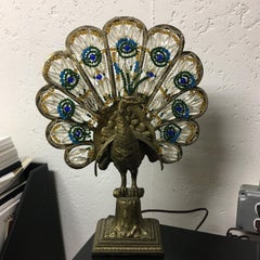 Art Deco Czech Bronze and Crystal Beaded Peacock Table Lamp