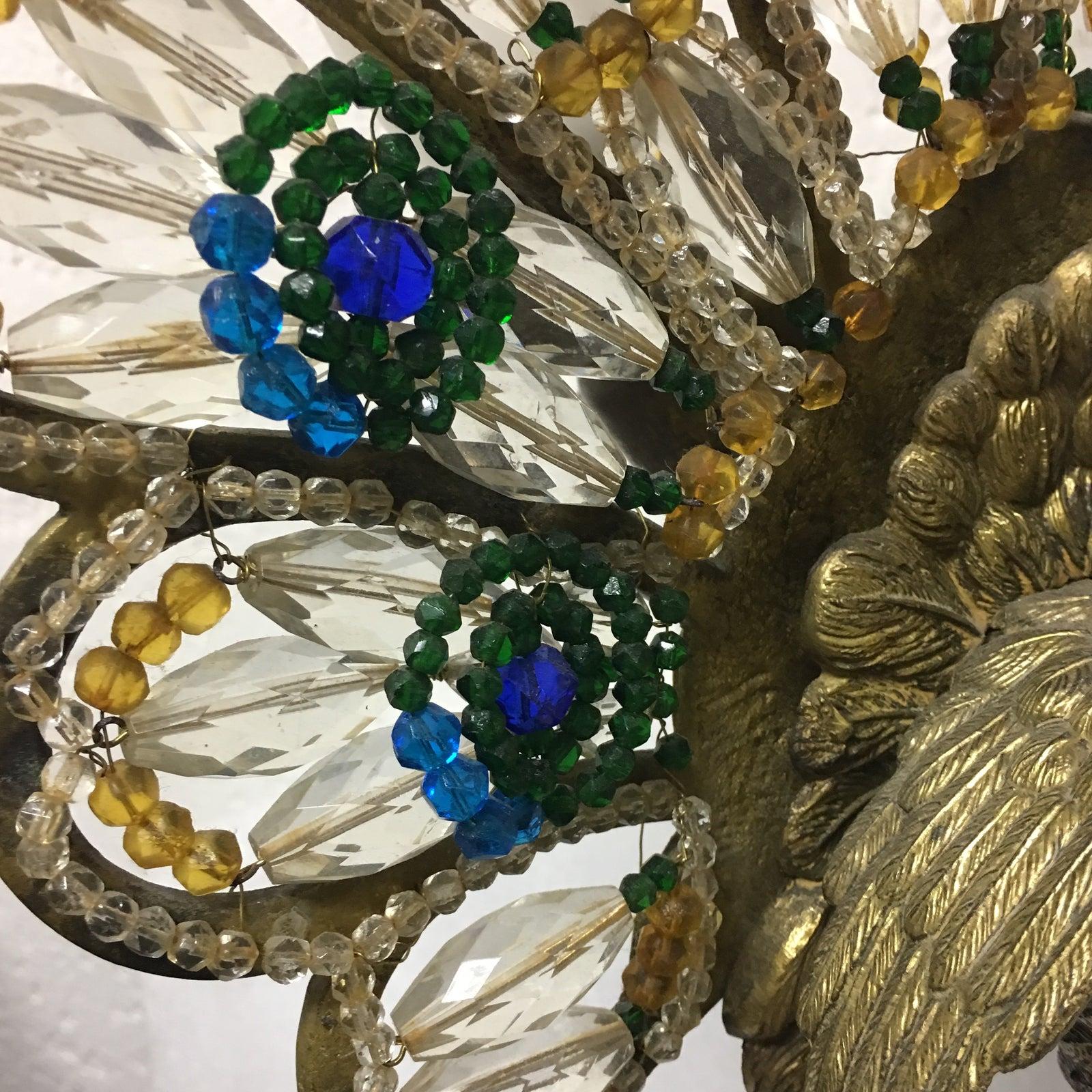 Art Deco Czech Bronze and Crystal Beaded Peacock Table Lamp In Good Condition For Sale In East Hampton, NY