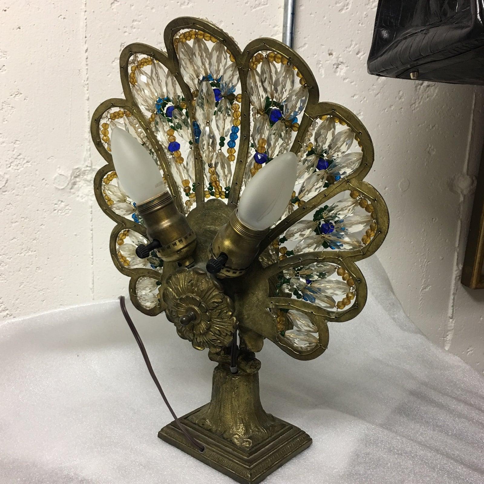 Art Deco Czech Bronze and Crystal Beaded Peacock Table Lamp For Sale 1