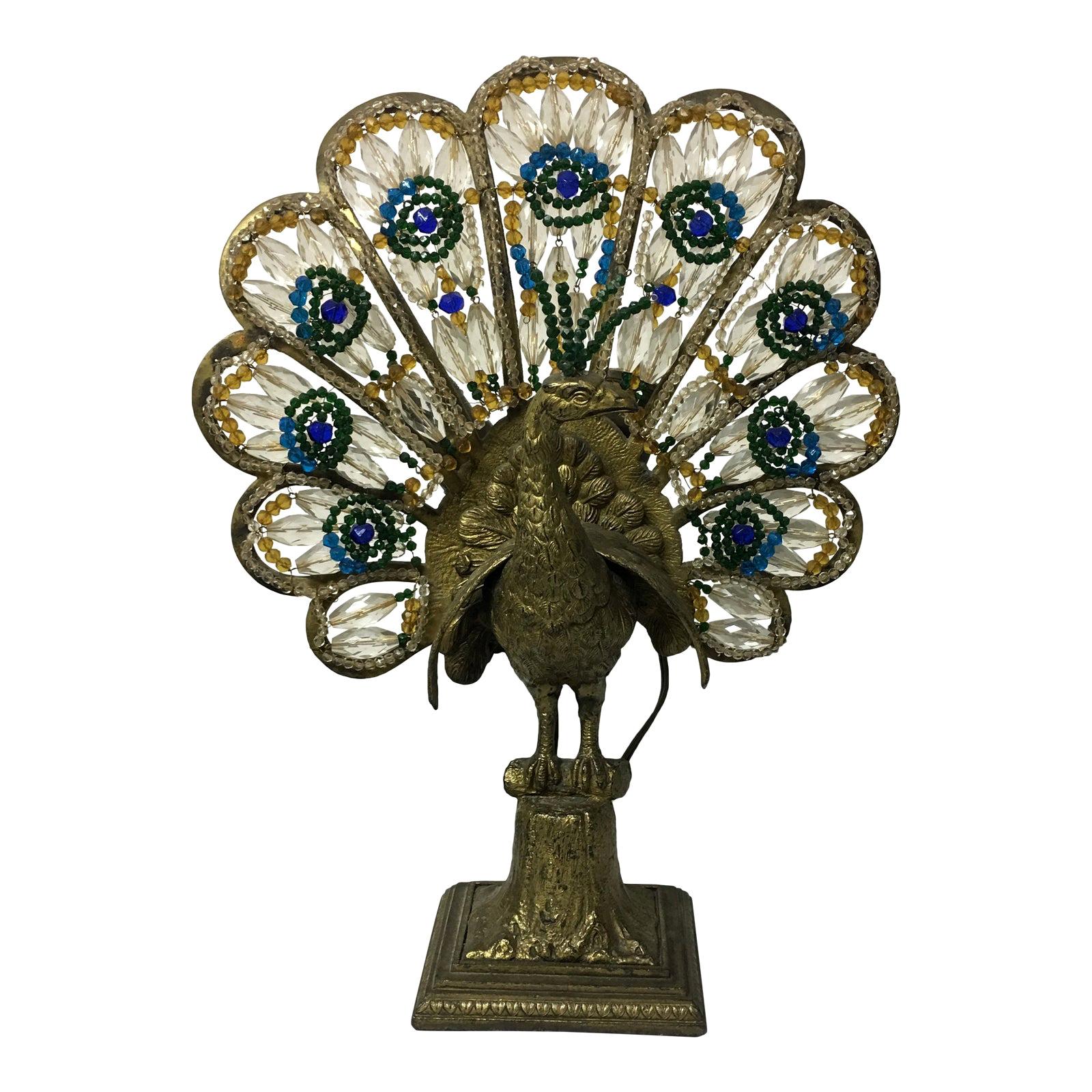 Art Deco Czech Bronze and Crystal Beaded Peacock Table Lamp