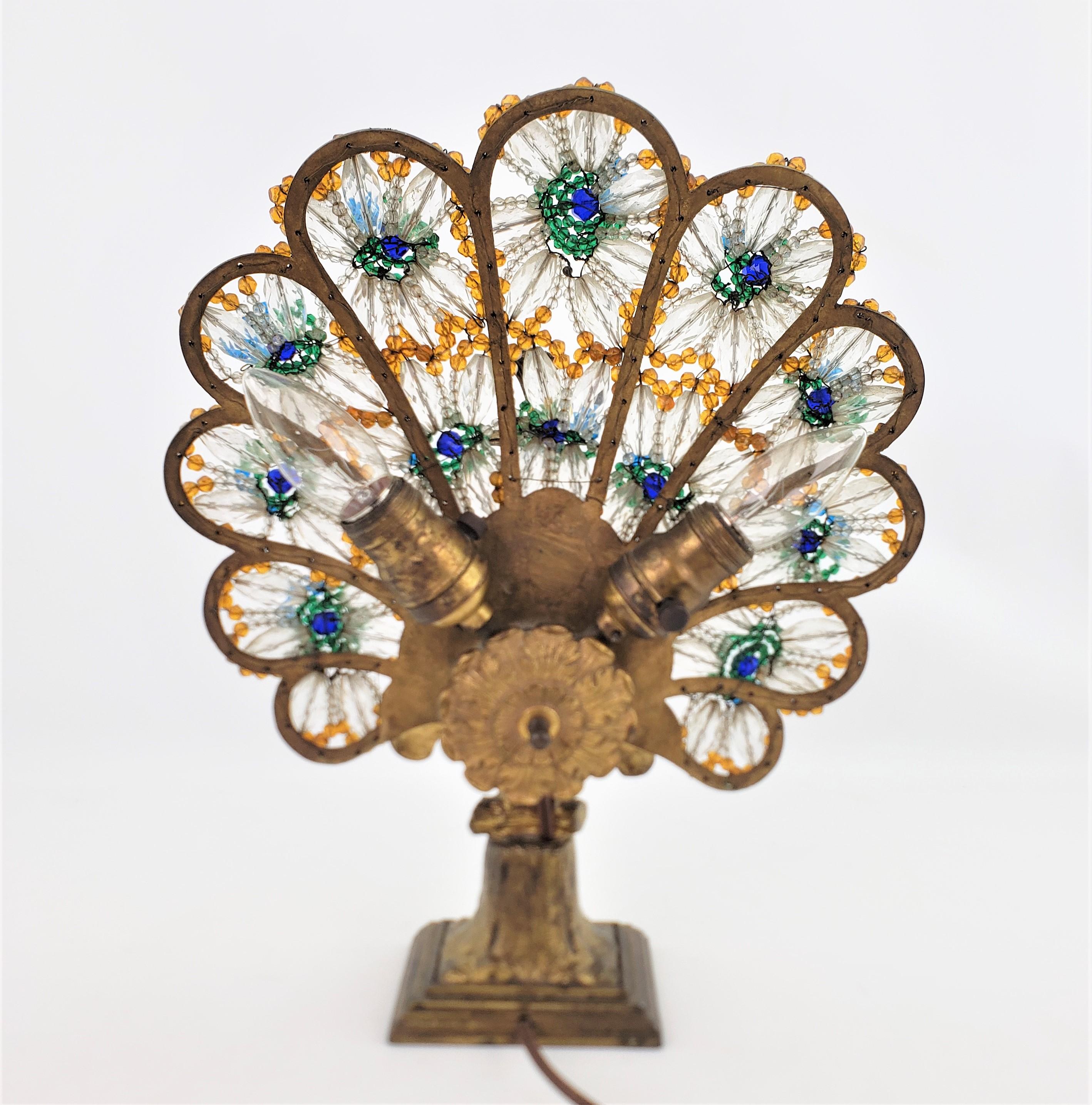 Art Deco Czech Cast Metal and Beaded Glass Figural Peacock Table or Accent Lamp 5
