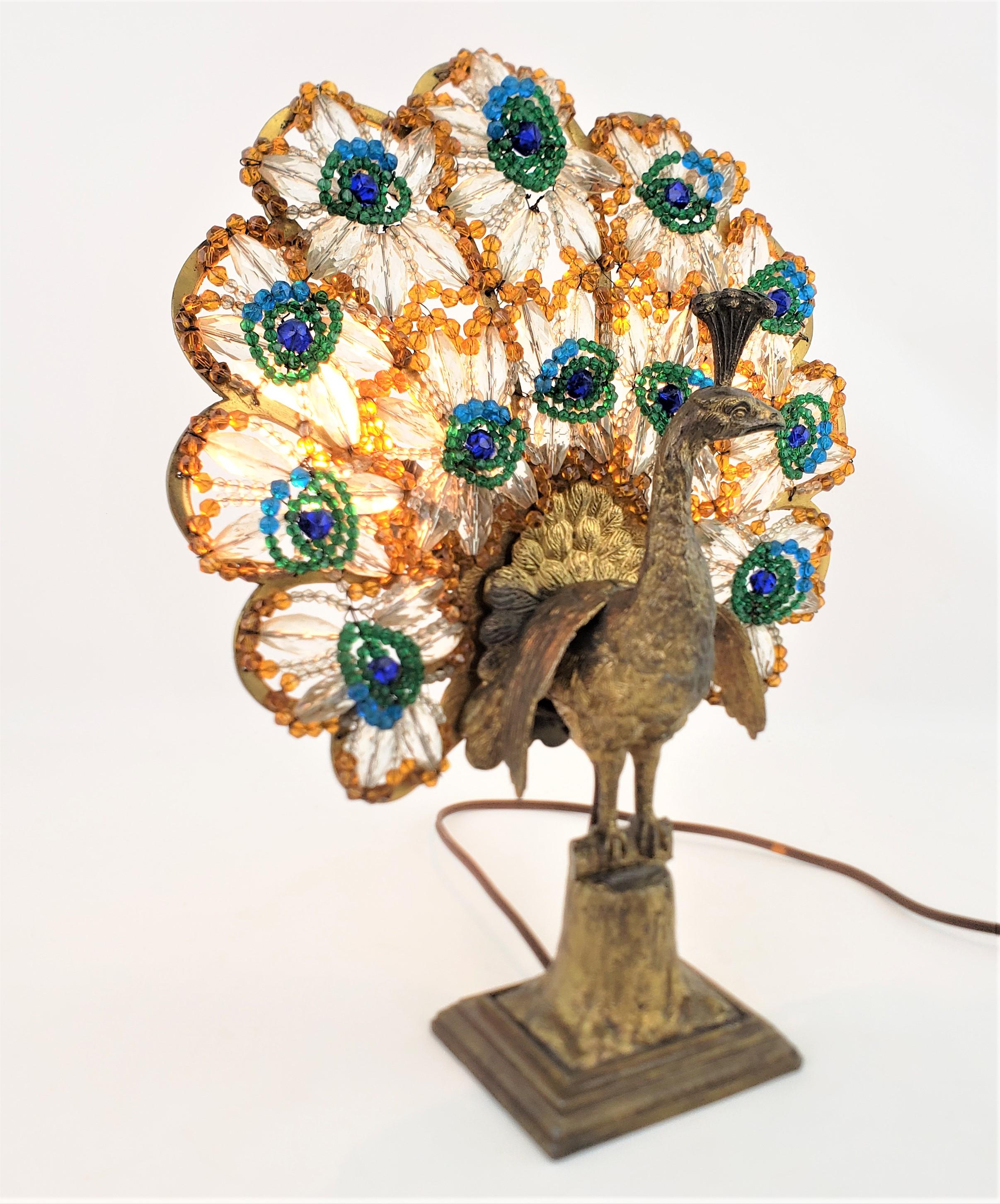 Art Deco Czech Cast Metal and Beaded Glass Figural Peacock Table or Accent Lamp 8