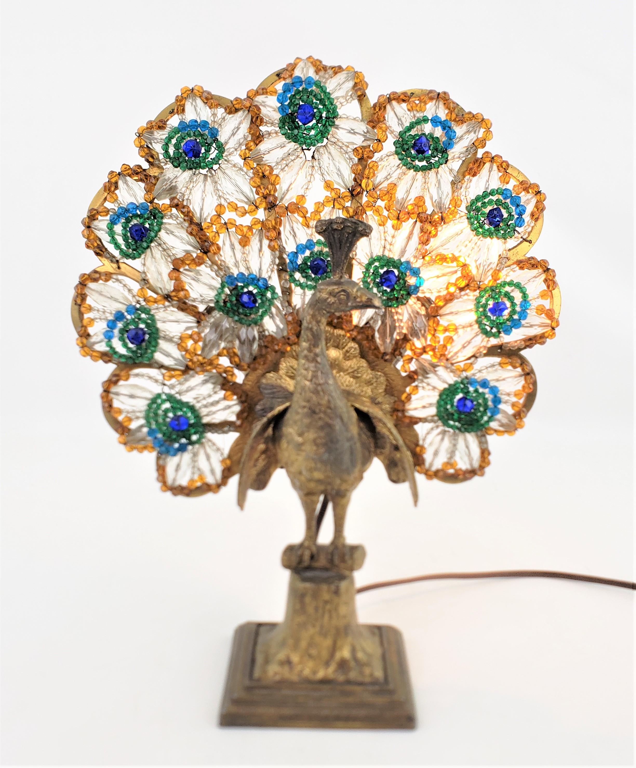 Art Deco Czech Cast Metal and Beaded Glass Figural Peacock Table or Accent Lamp 9