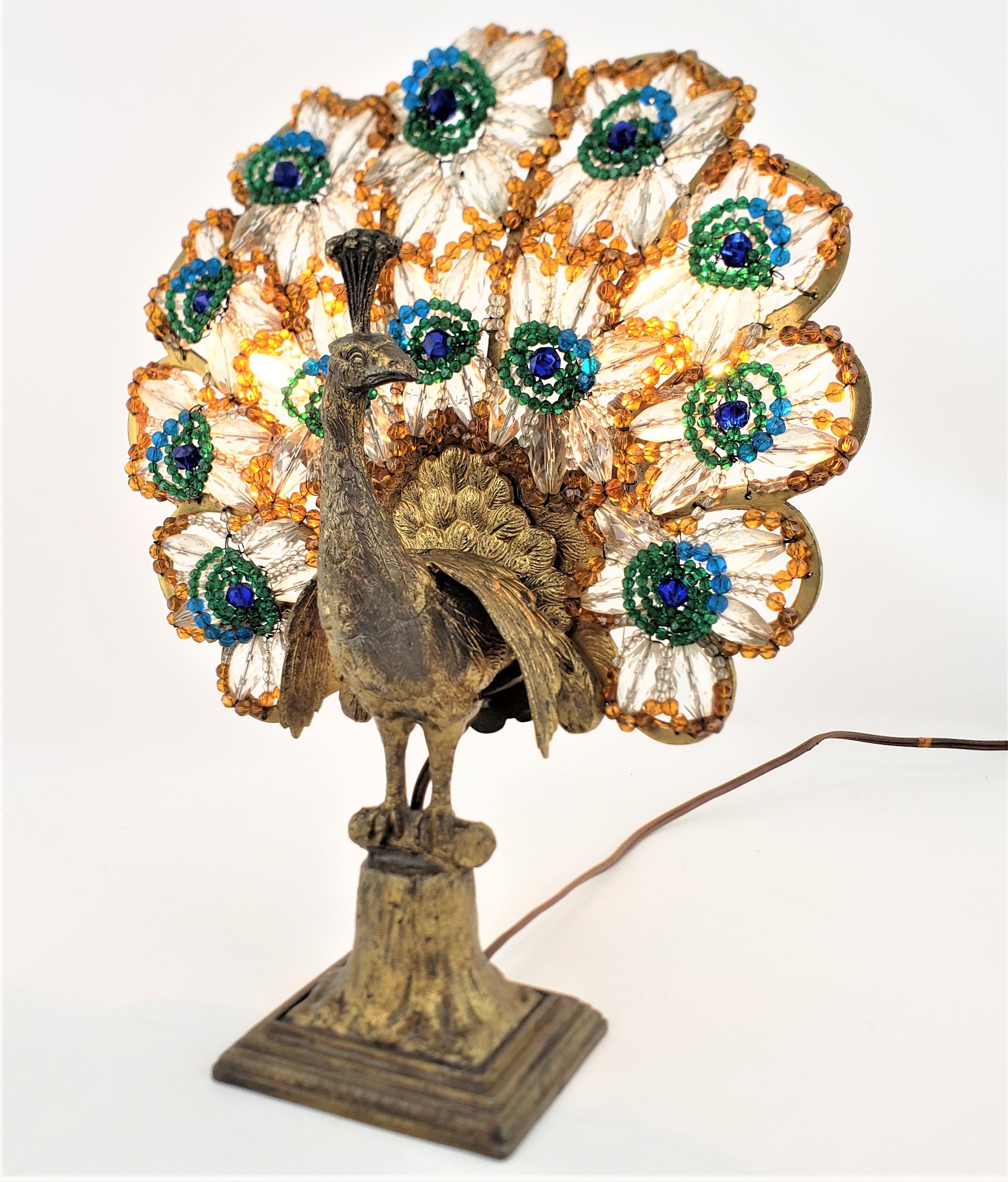 Art Deco Czech Cast Metal and Beaded Glass Figural Peacock Table or Accent Lamp In Good Condition In Hamilton, Ontario