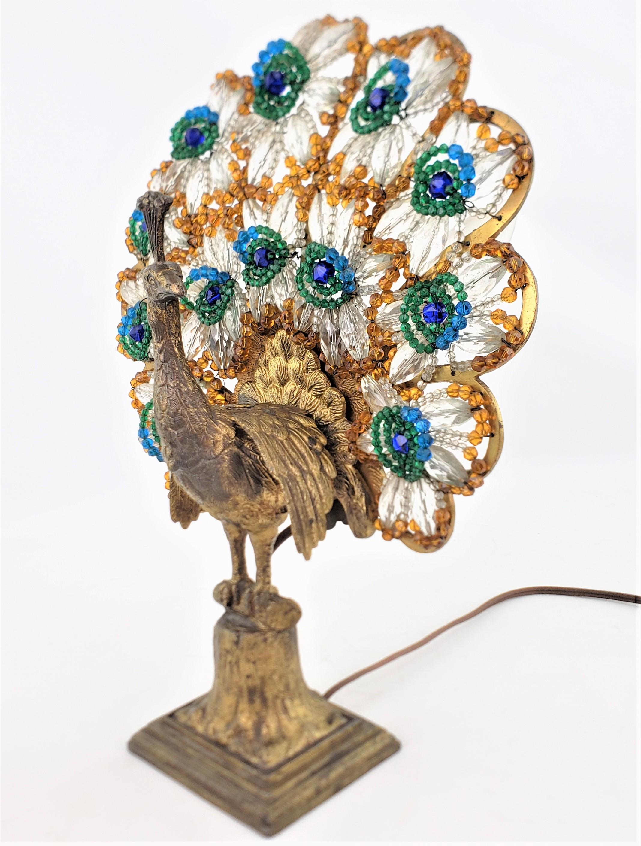 20th Century Art Deco Czech Cast Metal and Beaded Glass Figural Peacock Table or Accent Lamp