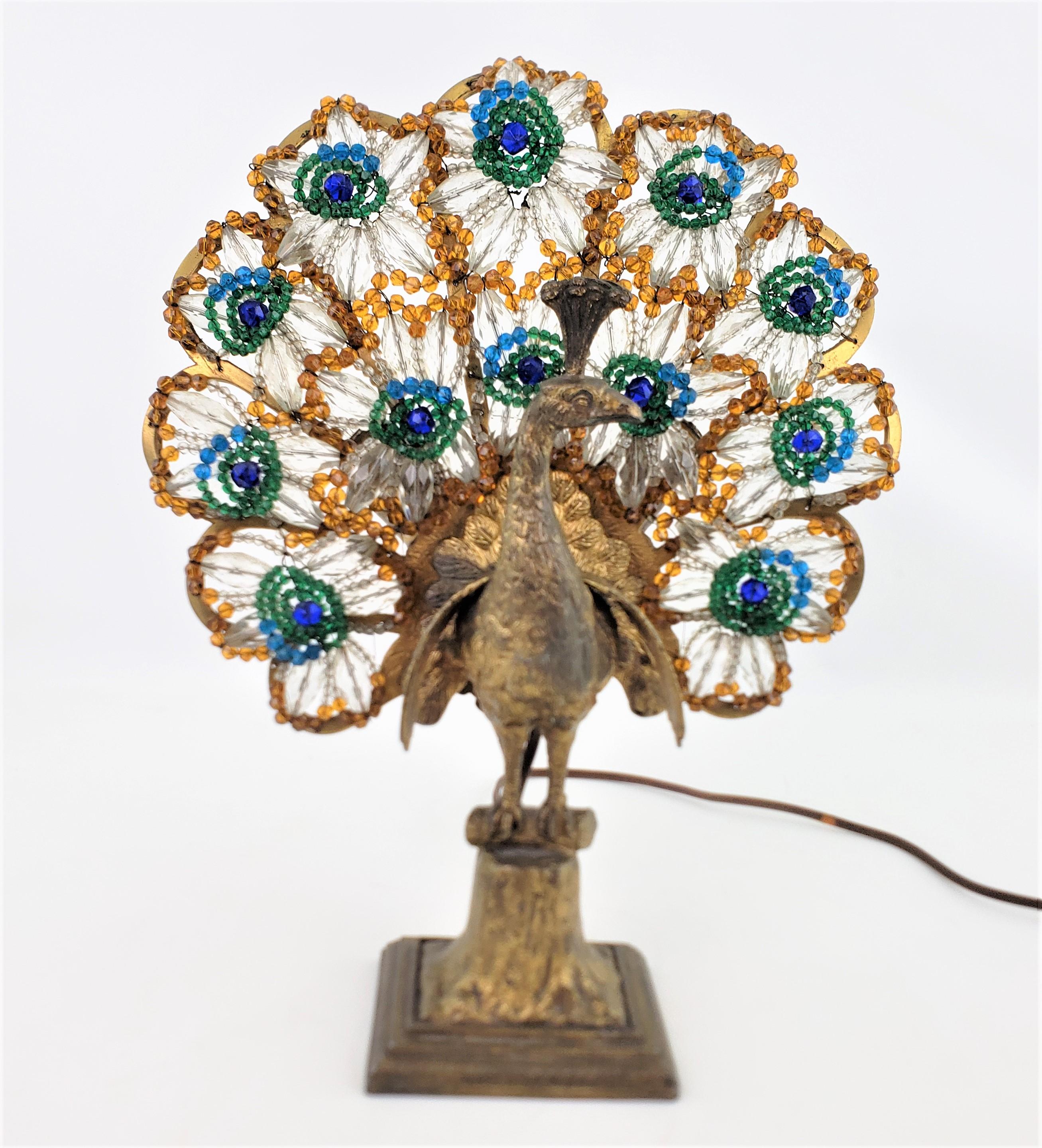 Art Deco Czech Cast Metal and Beaded Glass Figural Peacock Table or Accent Lamp 1