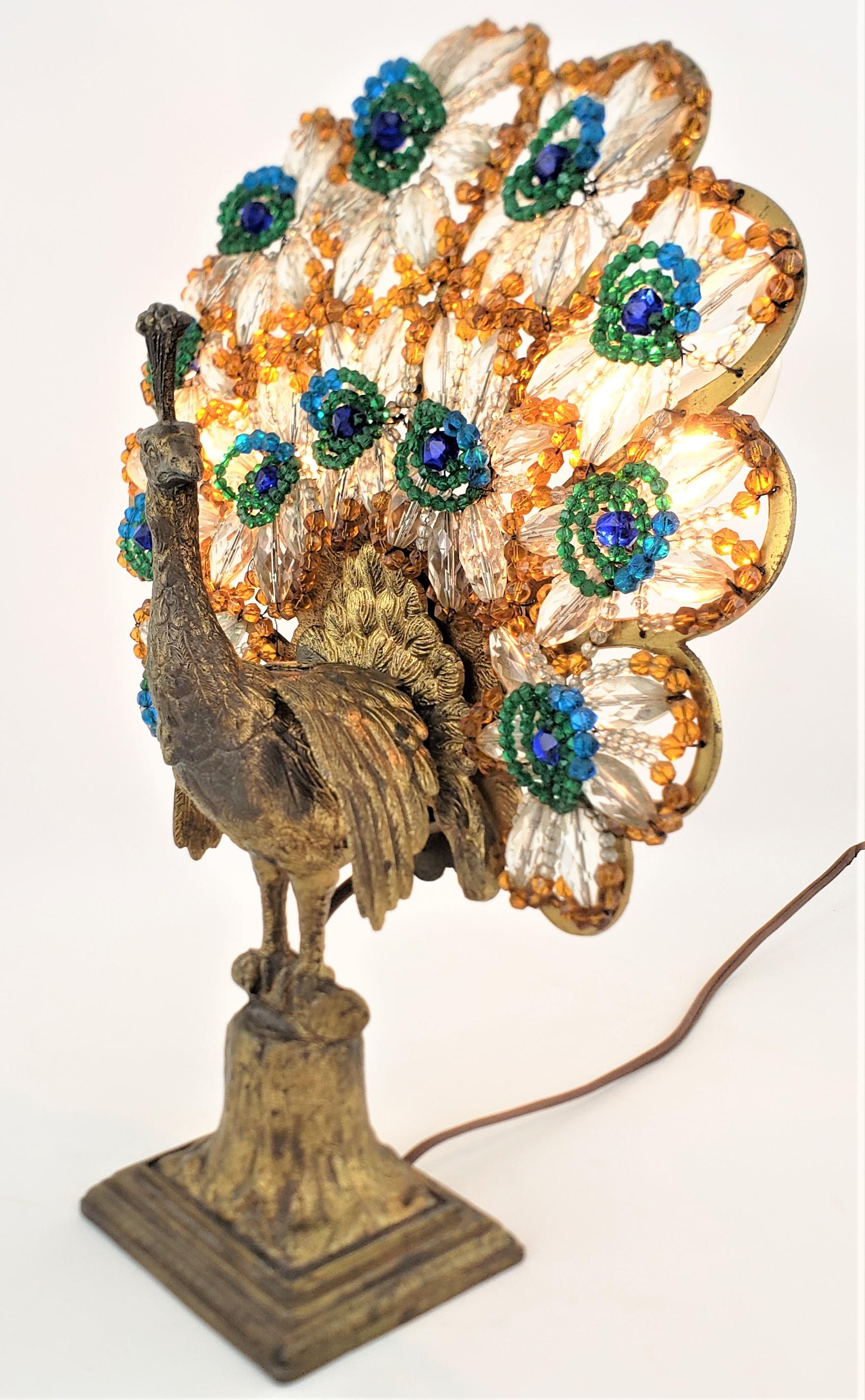 Art Deco Czech Cast Metal and Beaded Glass Figural Peacock Table or Accent Lamp 2