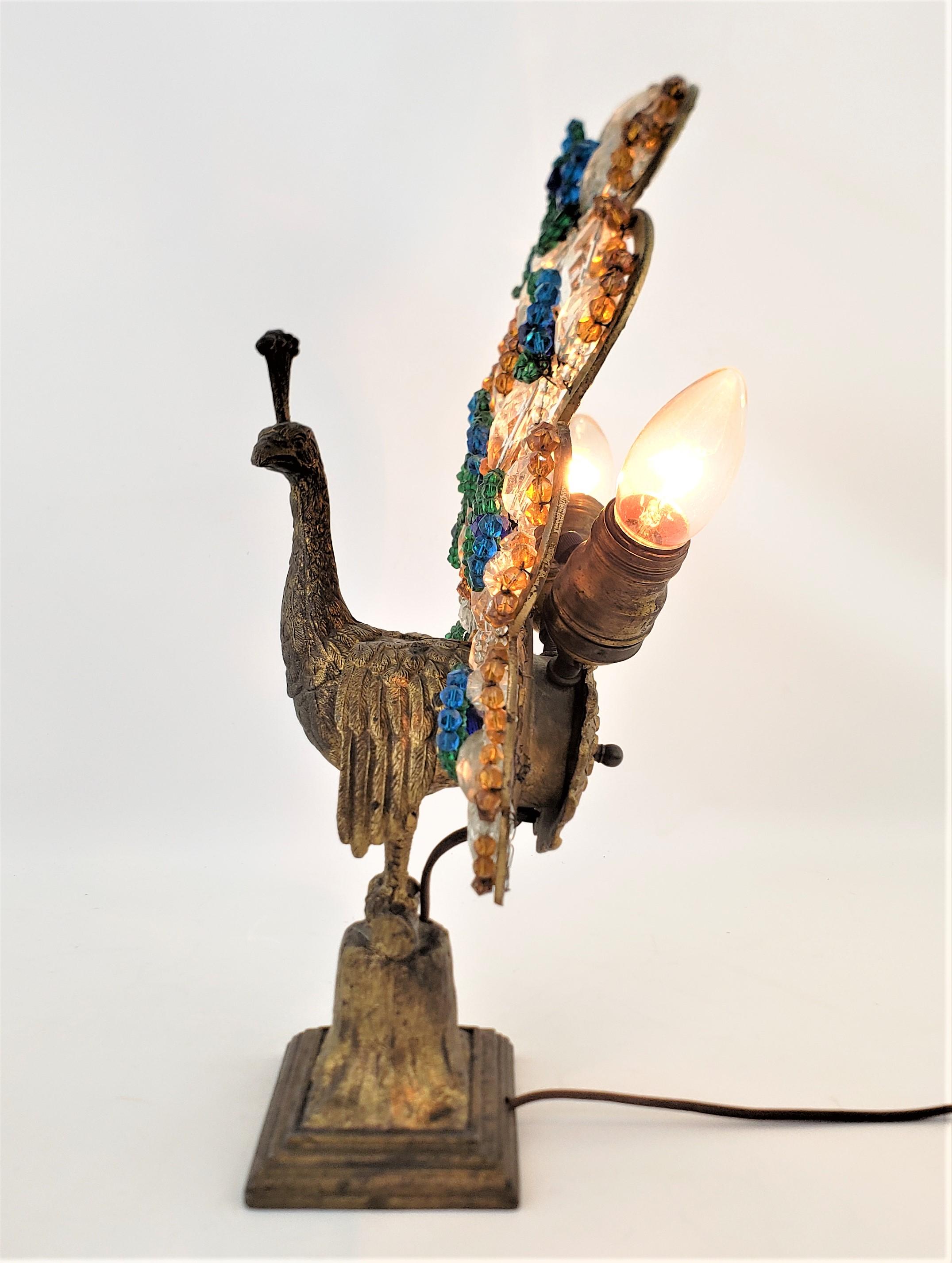 Art Deco Czech Cast Metal and Beaded Glass Figural Peacock Table or Accent Lamp 3