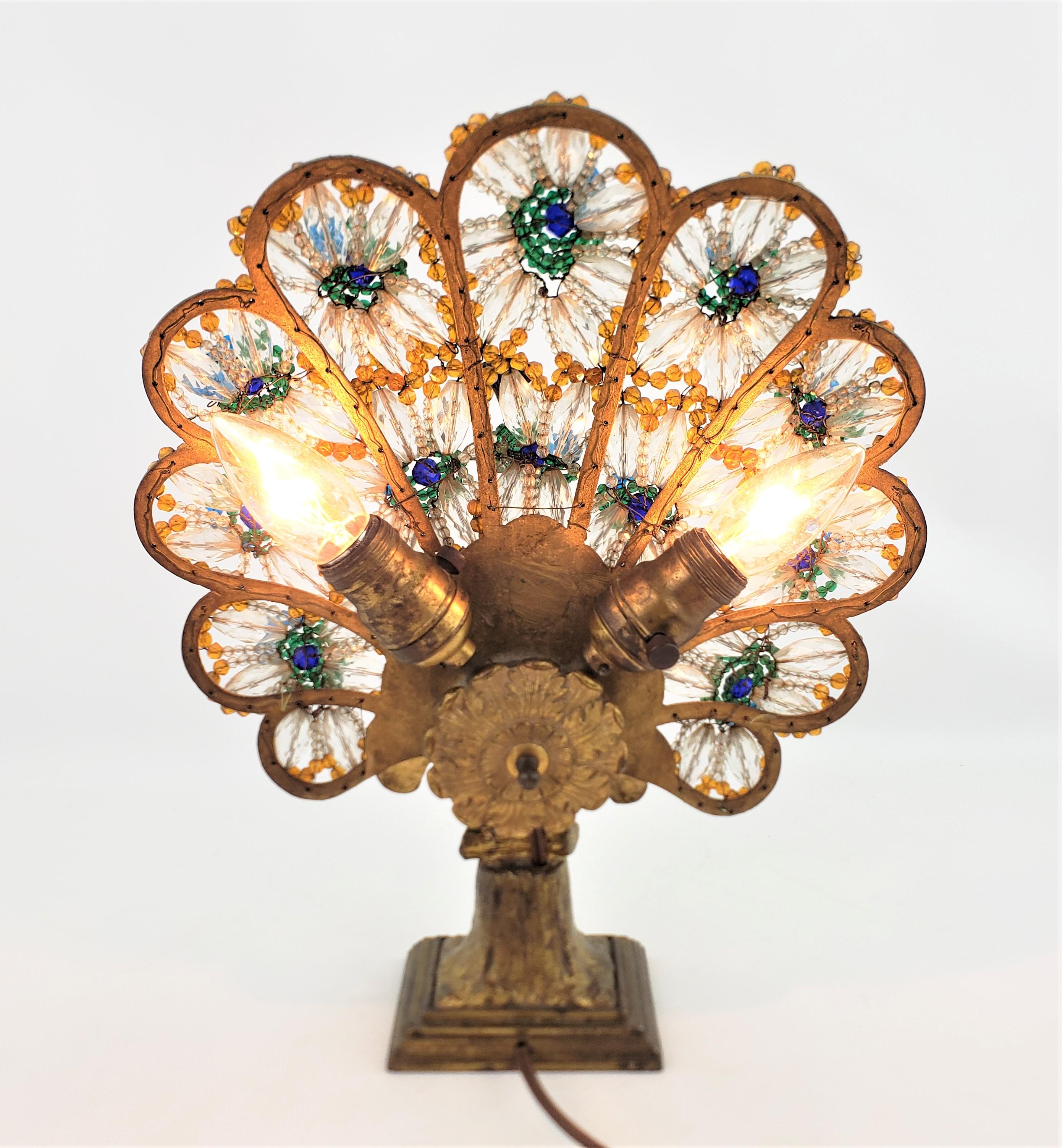 Art Deco Czech Cast Metal and Beaded Glass Figural Peacock Table or Accent Lamp 4