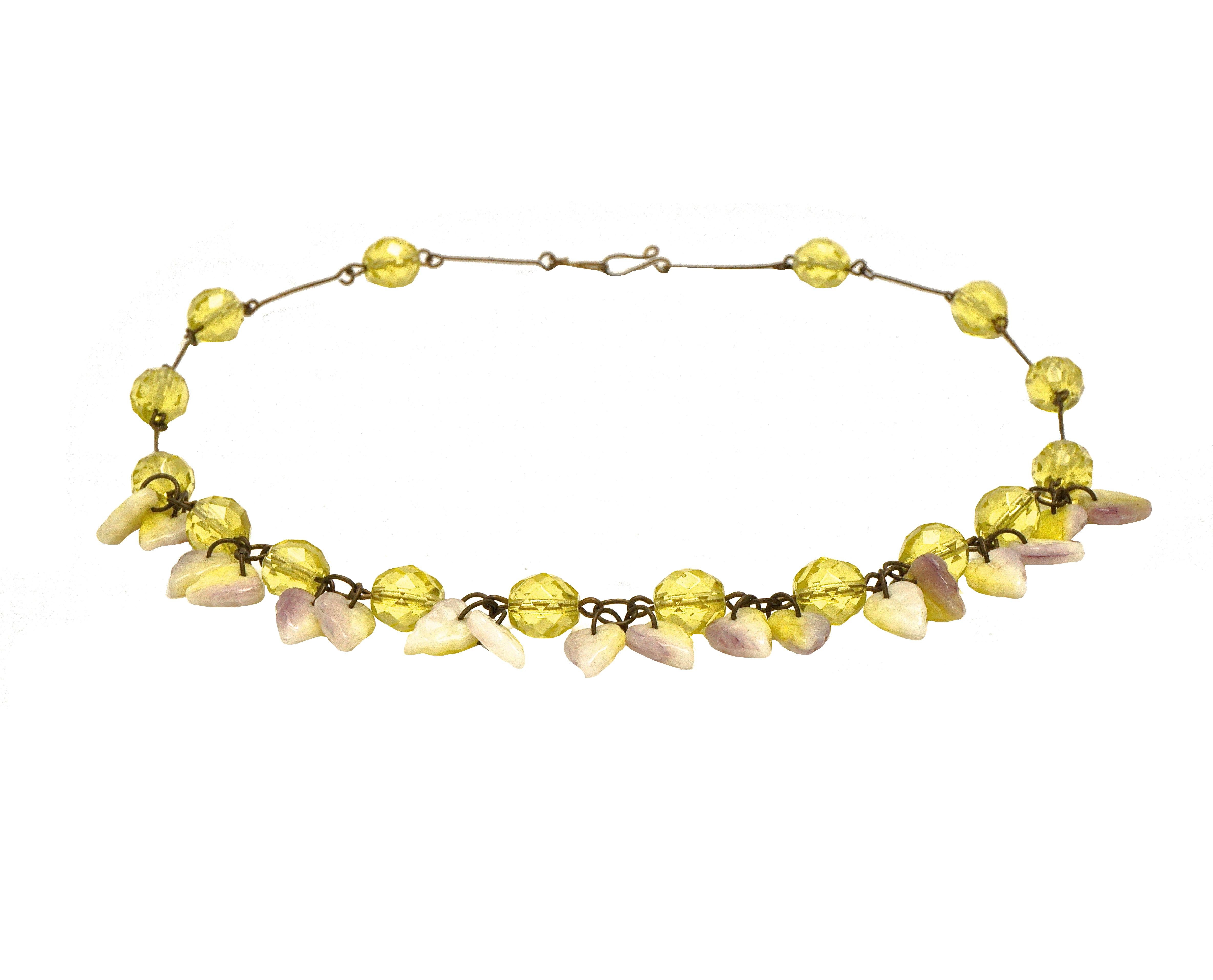 Art Deco Czech Citrine Glass Necklace with White, Citrine and Lilac Glass Leaves For Sale 4