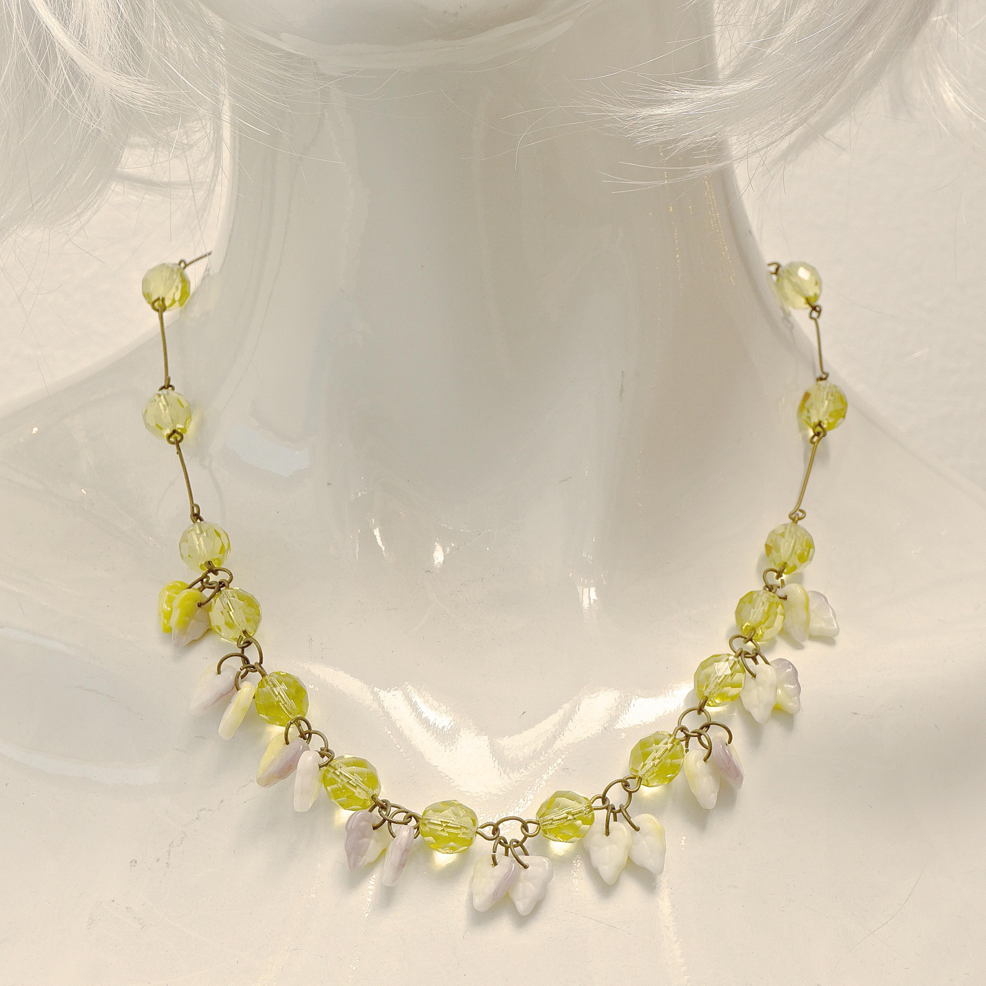 Art Deco Czech gold plated necklace, featuring faceted citrine glass and pairs of white glass leaf drops with citrine and lilac decoration. Measuring length 50cm / 19.6 inches, and the citrine glass beads are 9mm / .35 inch. Most of the gold plating
