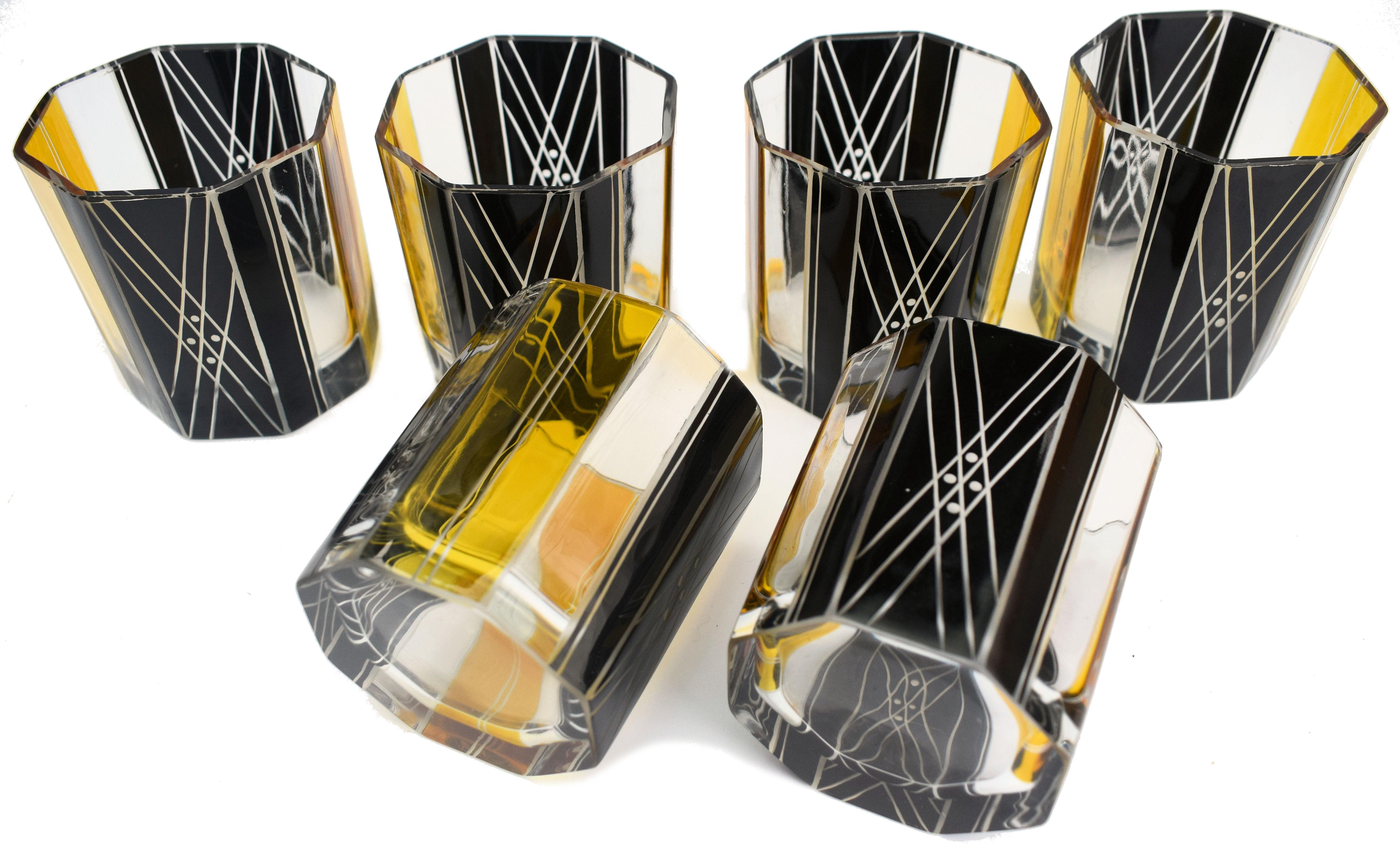 Art Deco Czech Crystal Glass Decanter Set, circa 1930 For Sale 1
