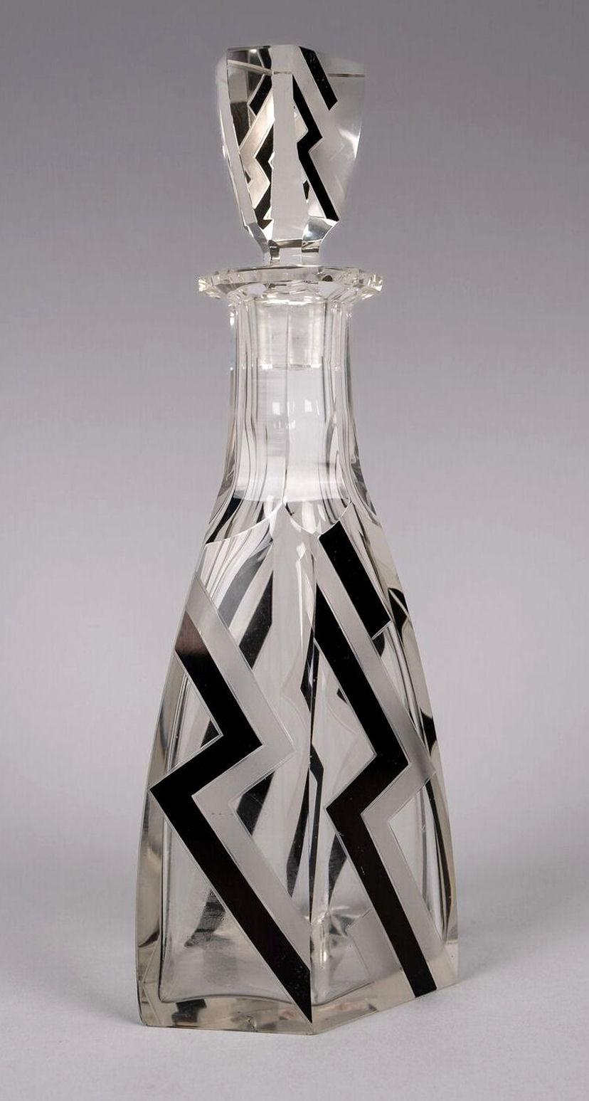 Art Deco Czech Crystal Glass & Enamel Decanter, c.1930s For Sale 3