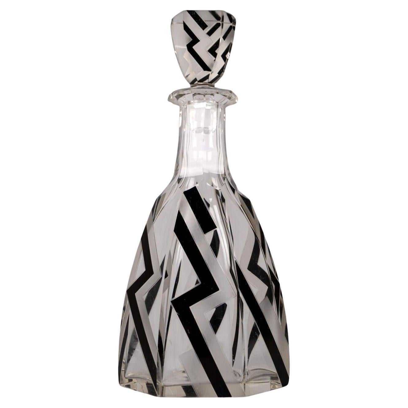 Art Deco Czech Crystal Glass & Enamel Decanter, c.1930s For Sale