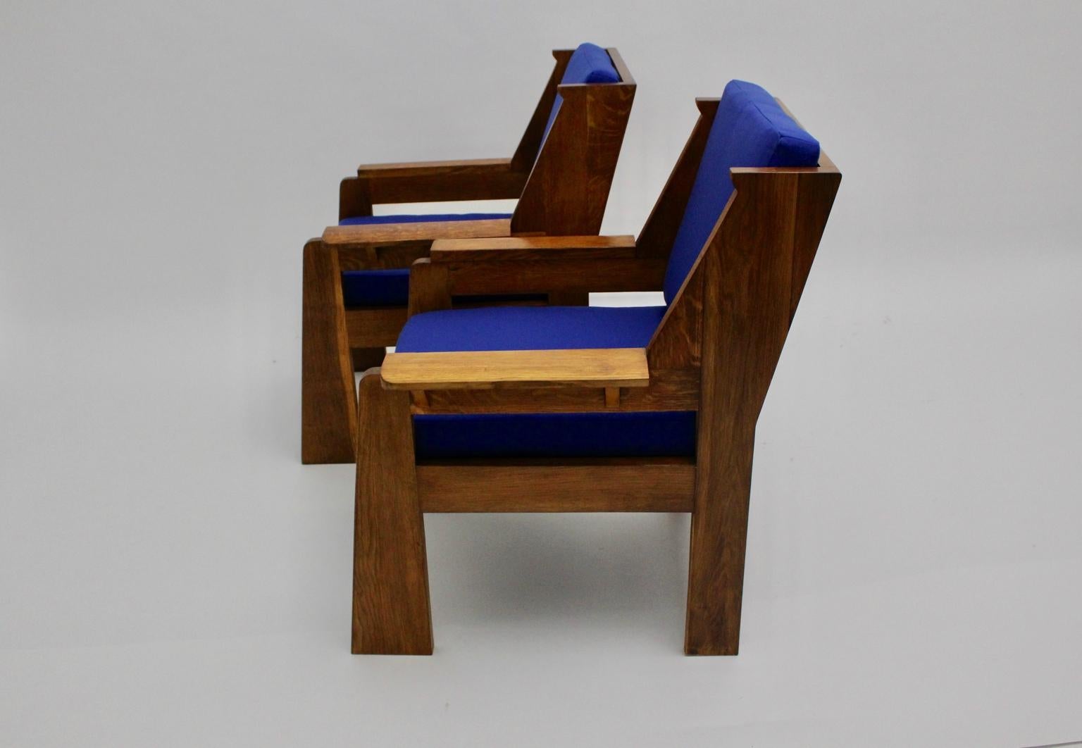 Art Deco Czech Cubism Oak Wood Blue Fabric Vintage Armchairs Lounge Chairs 1920s For Sale 3