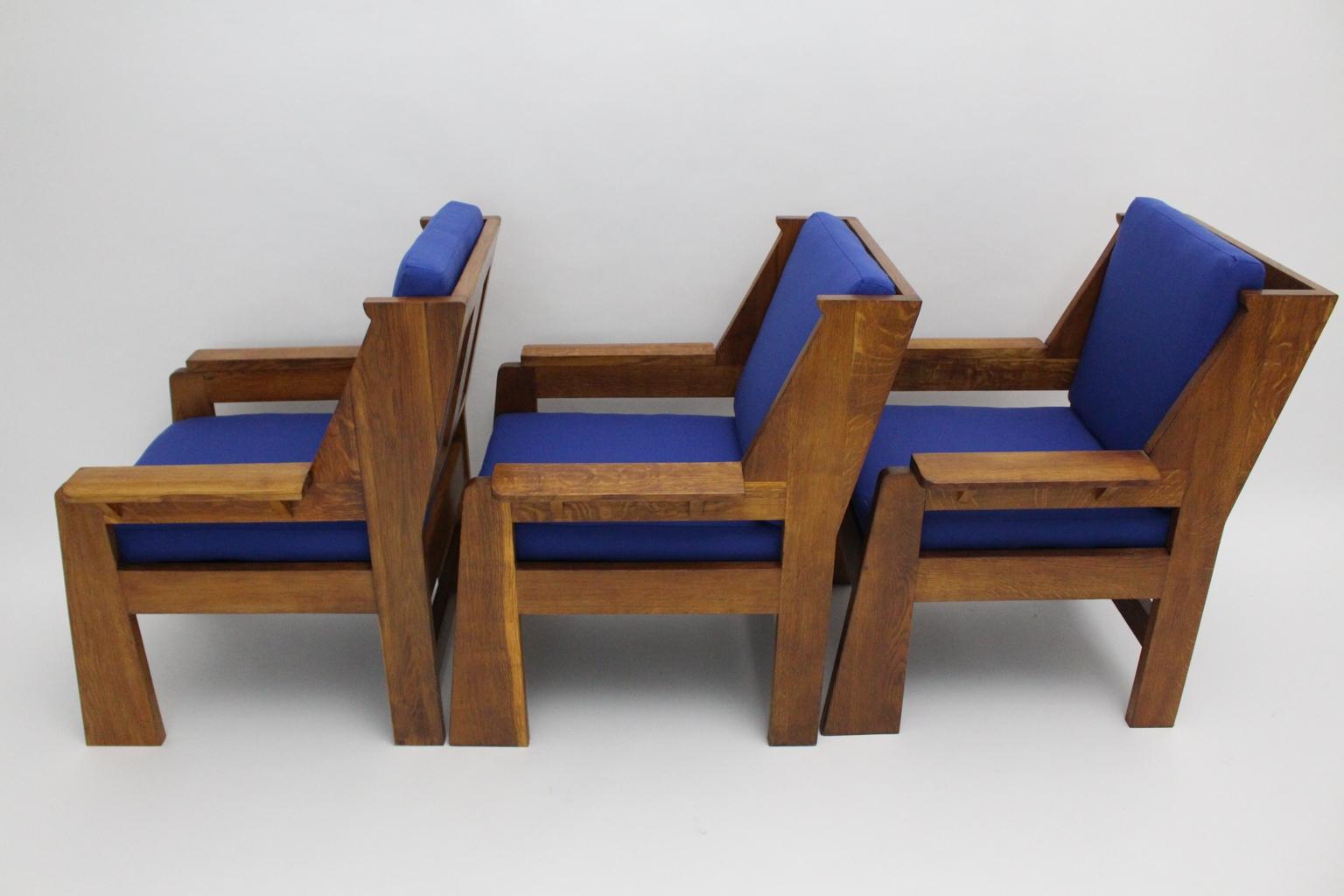 Art Deco Czech Cubism Oak Wood Blue Fabric Vintage Armchairs Lounge Chairs 1920s For Sale 4