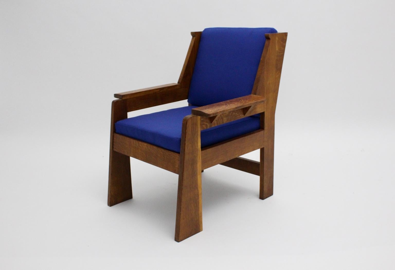 Art Deco Czech Cubism Oak Wood Blue Fabric Vintage Armchairs Lounge Chairs 1920s For Sale 5