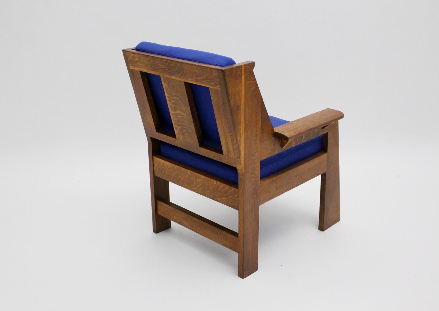 Art Deco Czech Cubism Oak Wood Blue Fabric Vintage Armchairs Lounge Chairs 1920s For Sale 7