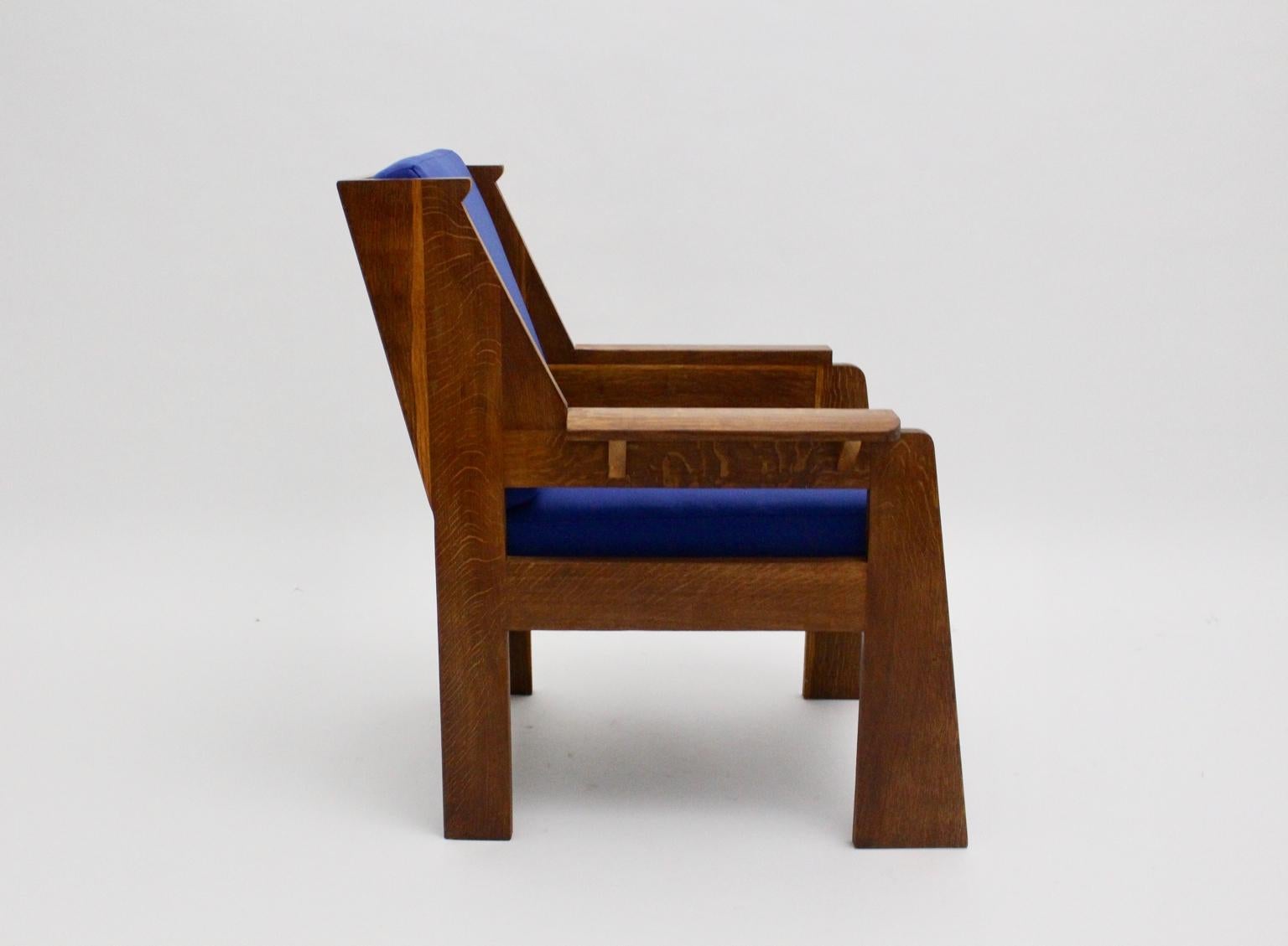 Art Deco Czech Cubism Oak Wood Blue Fabric Vintage Armchairs Lounge Chairs 1920s For Sale 8