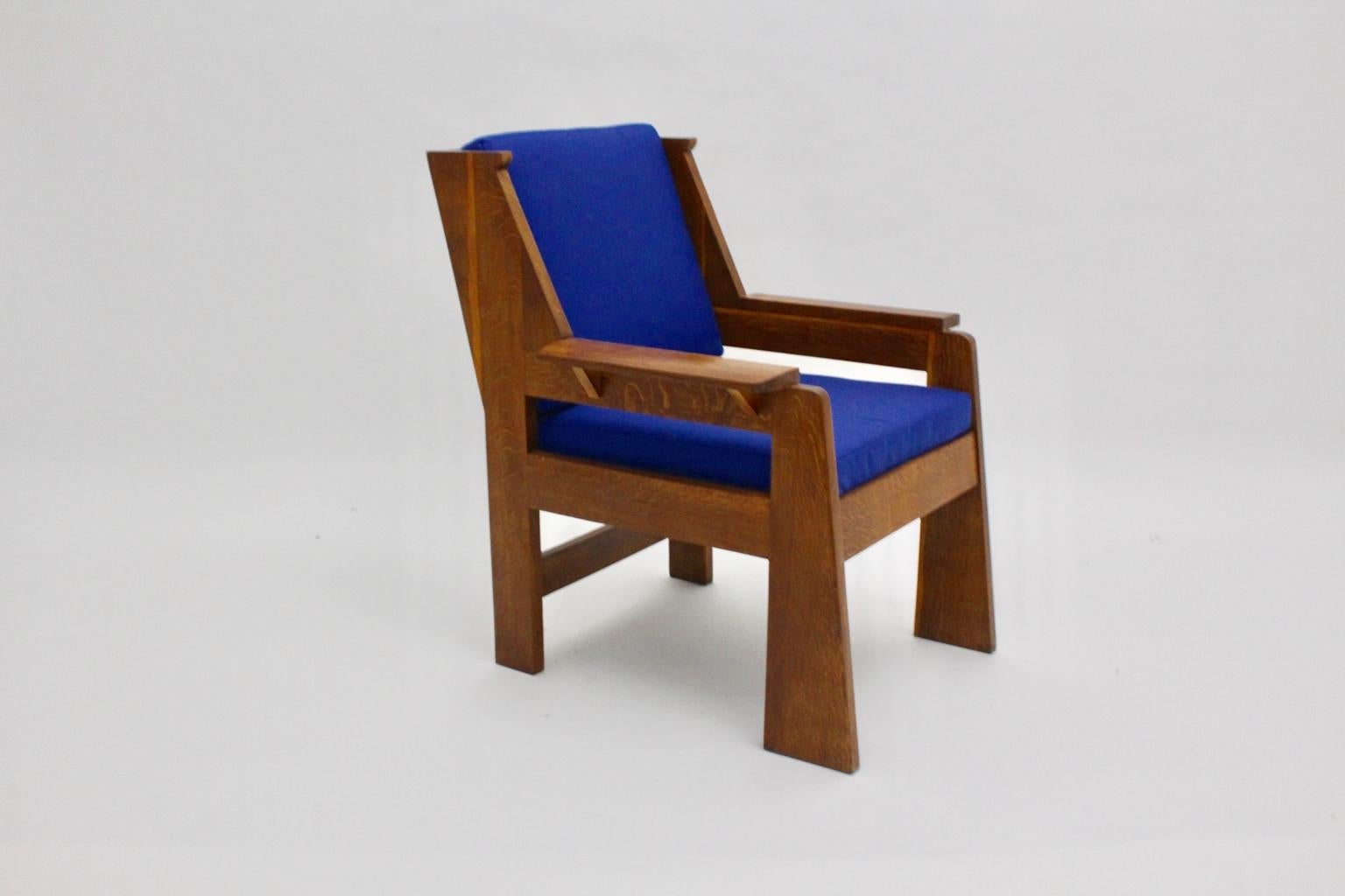 Art Deco Czech Cubism Oak Wood Blue Fabric Vintage Armchairs Lounge Chairs 1920s For Sale 9