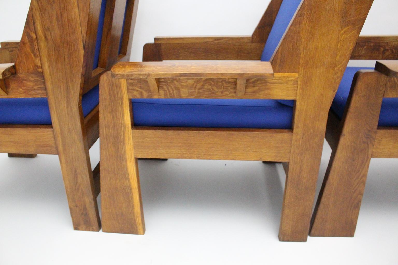Art Deco Czech Cubism Oak Wood Blue Fabric Vintage Armchairs Lounge Chairs 1920s For Sale 12