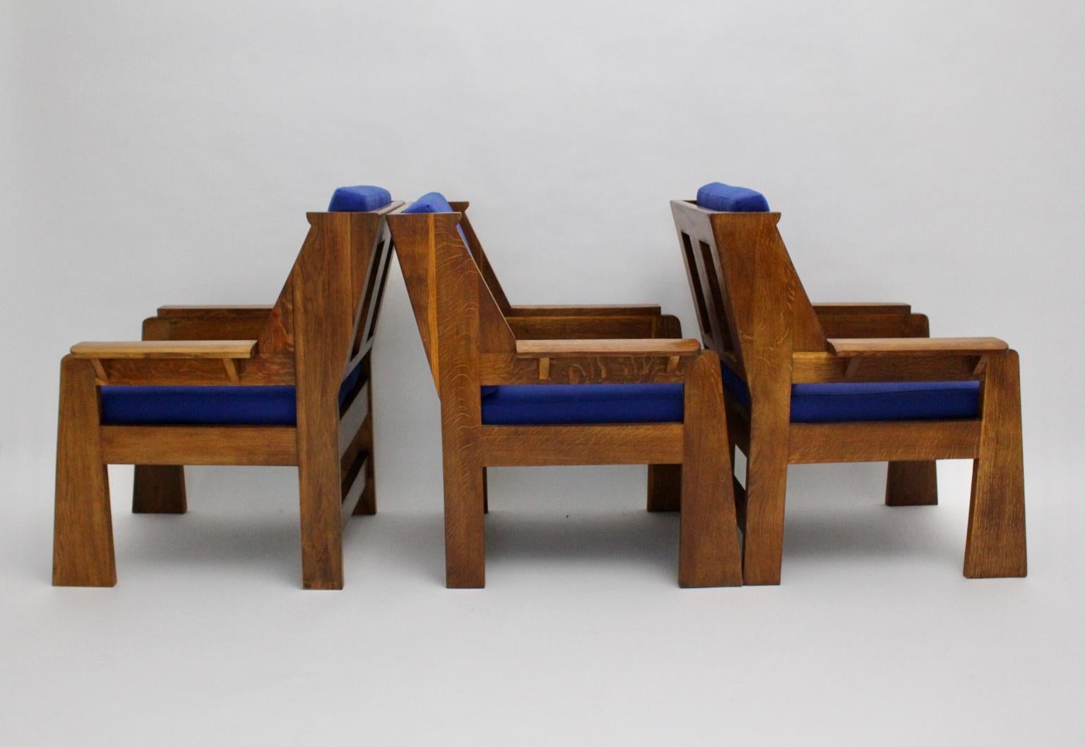 Art Deco Czech Cubism Oak Wood Blue Fabric Vintage Armchairs Lounge Chairs 1920s In Good Condition For Sale In Vienna, AT