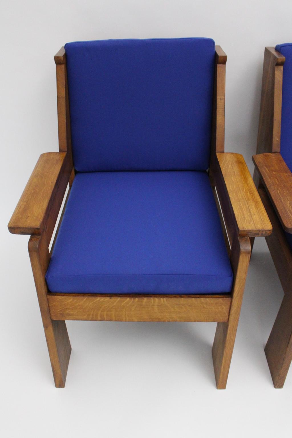 Early 20th Century Art Deco Czech Cubism Oak Wood Blue Fabric Vintage Armchairs Lounge Chairs 1920s For Sale