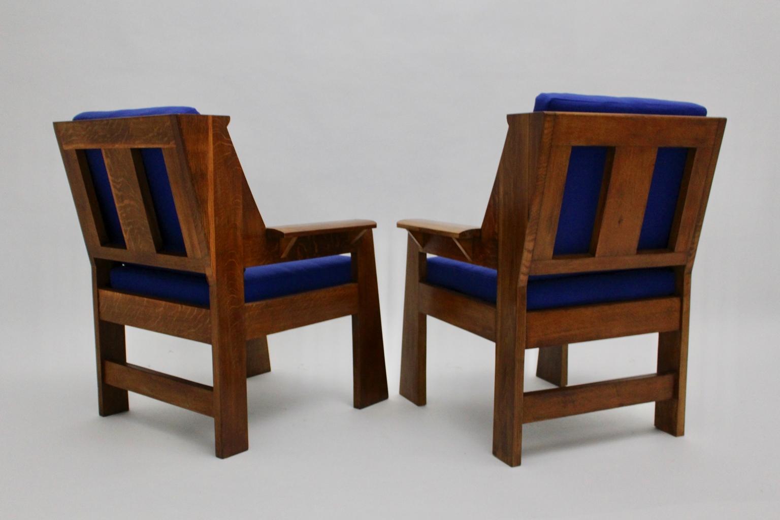 Art Deco Czech Cubism Oak Wood Blue Fabric Vintage Armchairs Lounge Chairs 1920s For Sale 1