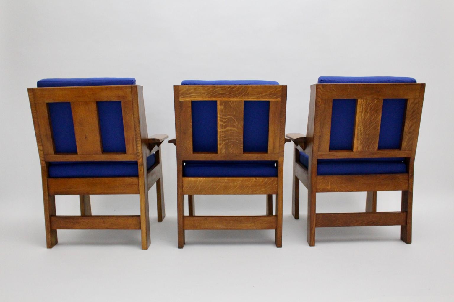 Art Deco Czech Cubism Oak Wood Blue Fabric Vintage Armchairs Lounge Chairs 1920s For Sale 2