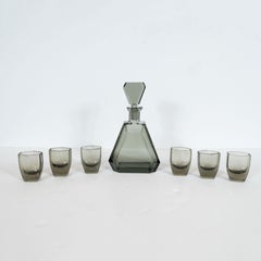 Art Deco Czech Cubist Decanter Set with Six-Shot Glass in Clear Graphite Glass
