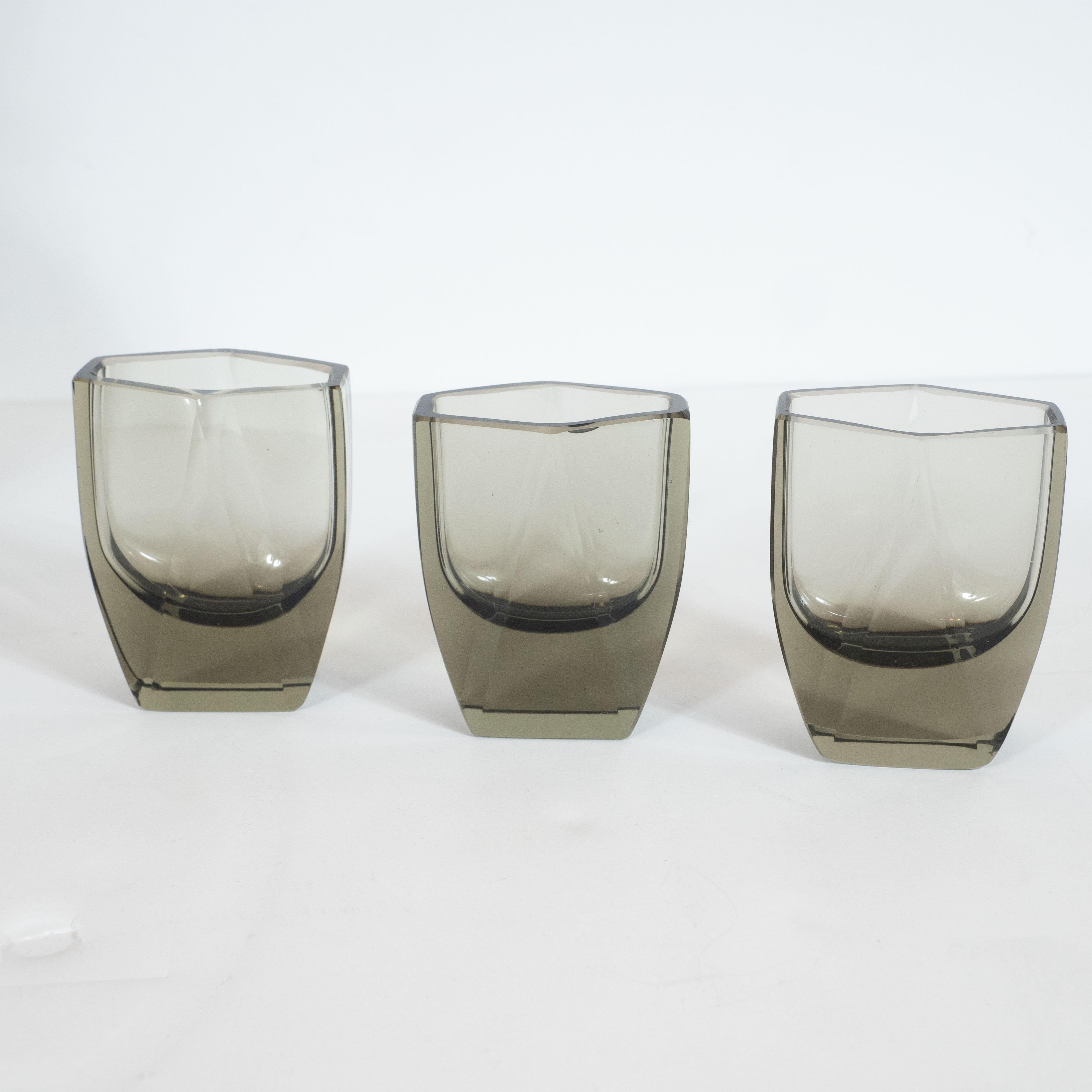 Art Deco Czech Cubist Decanter Set with Six-Shot Glass in Clear Graphite Glass In Excellent Condition In New York, NY