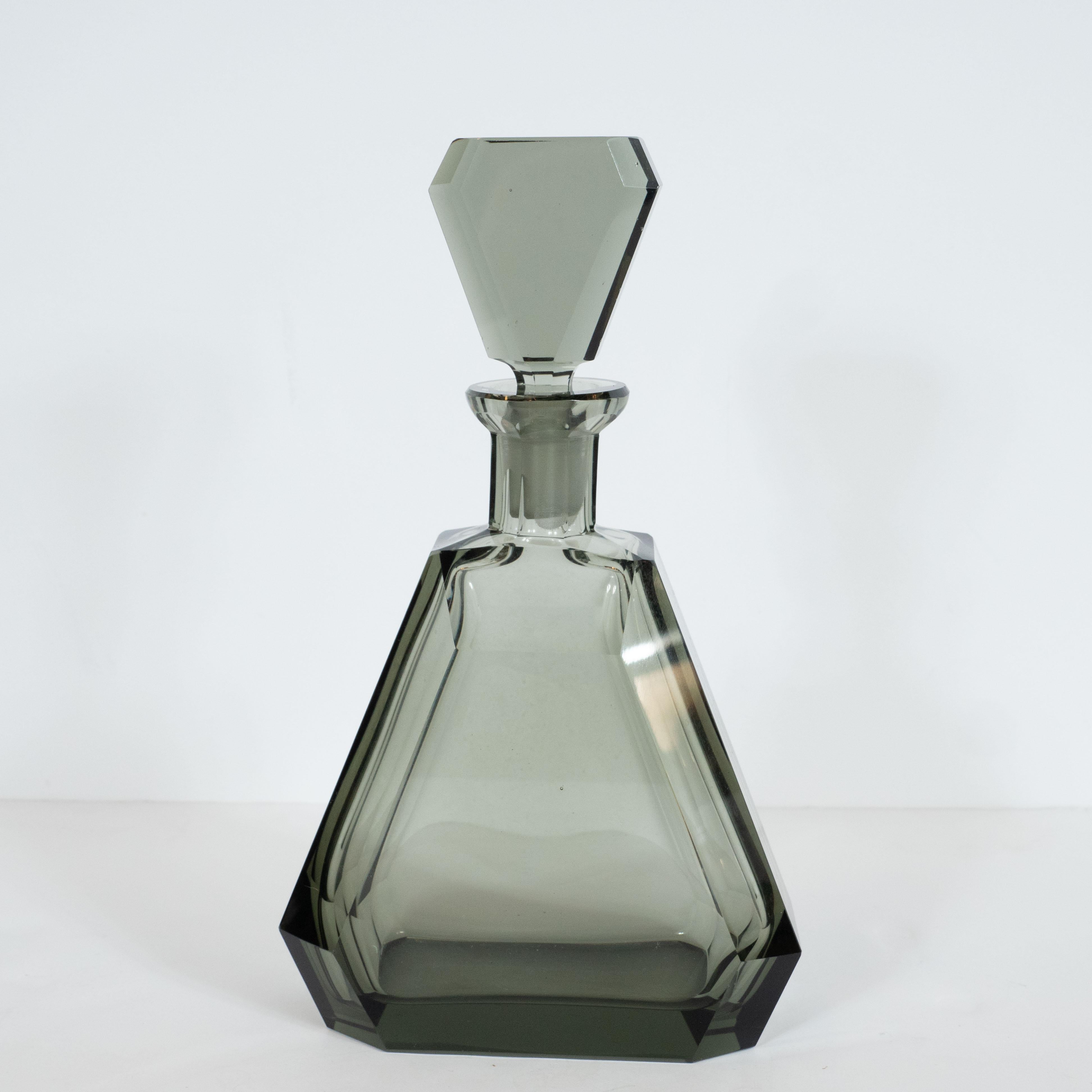 Mid-20th Century Art Deco Czech Cubist Decanter Set with Six-Shot Glass in Clear Graphite Glass